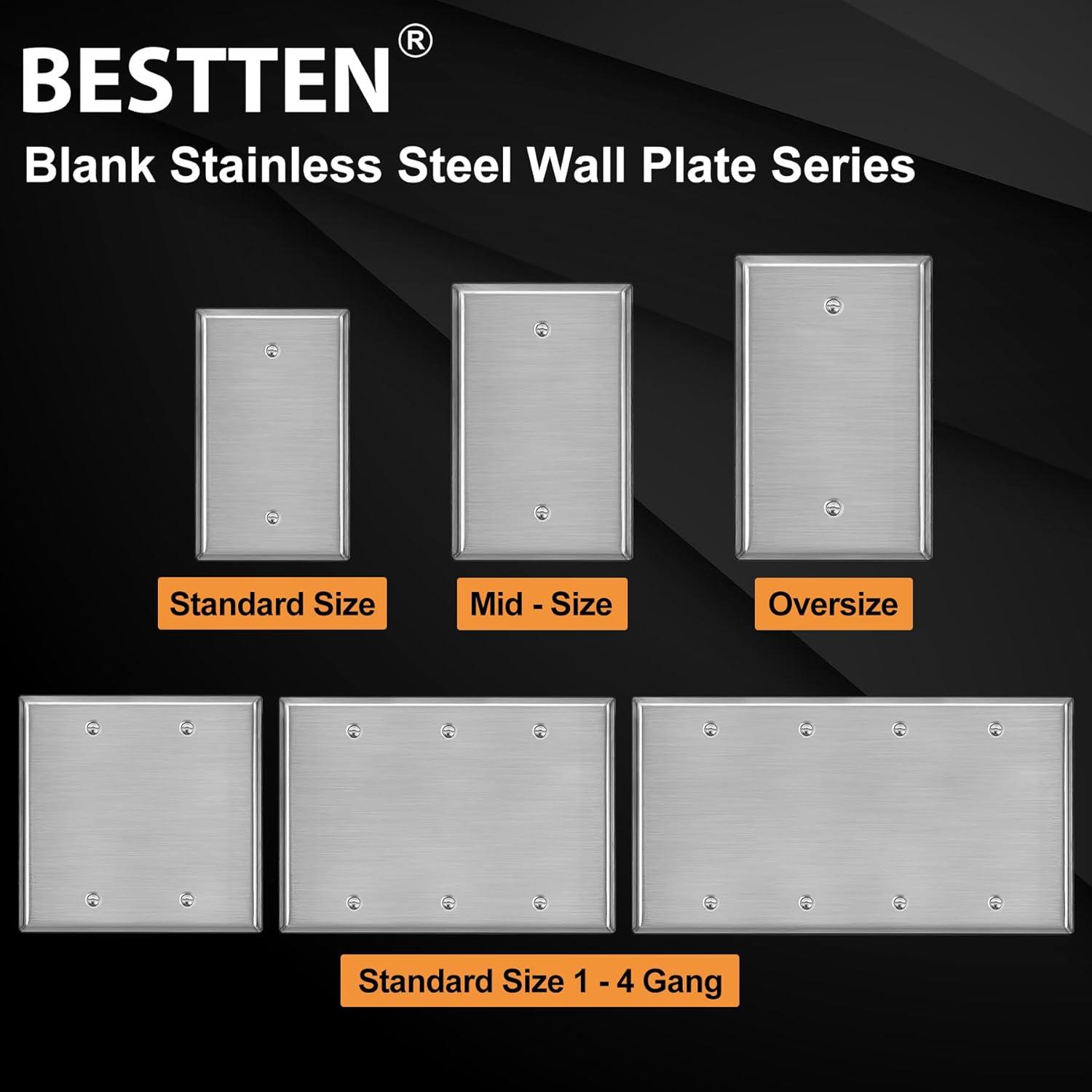 image10 Pack BESTTEN No Device Stainless Steel Wall Plates with hite or Clear Plastic Film Blank Metal Outlet Cover Durable CorrosionResistant Industrial Grade Materials H453 x W2761 Gang 10PK