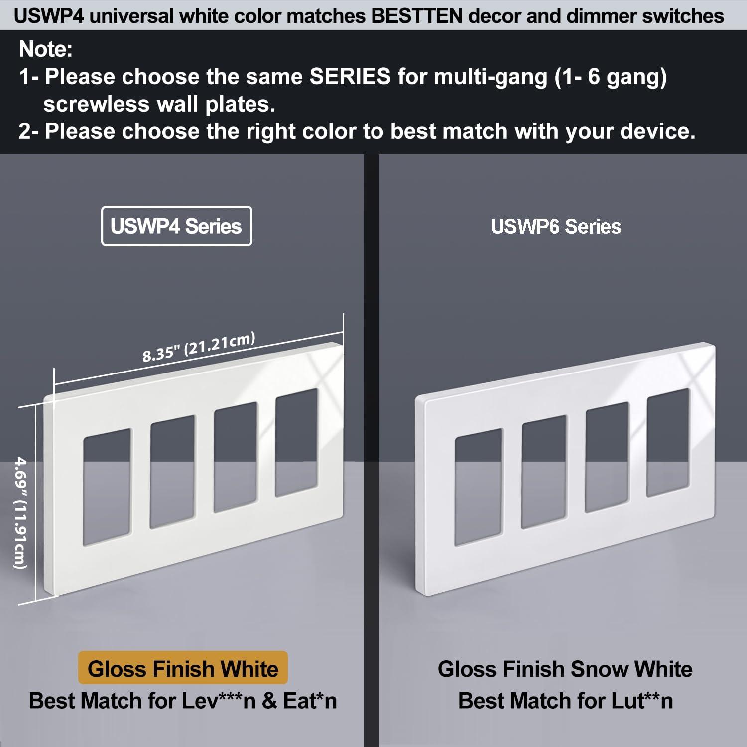 image100 Pack BESTTEN 1Gang Screwless Wall Plate Decorator Outlet Cover USWP4 Glossy White Faceplate for Light Switch Dimmer USB GFCI ReceptacleGloss Off White