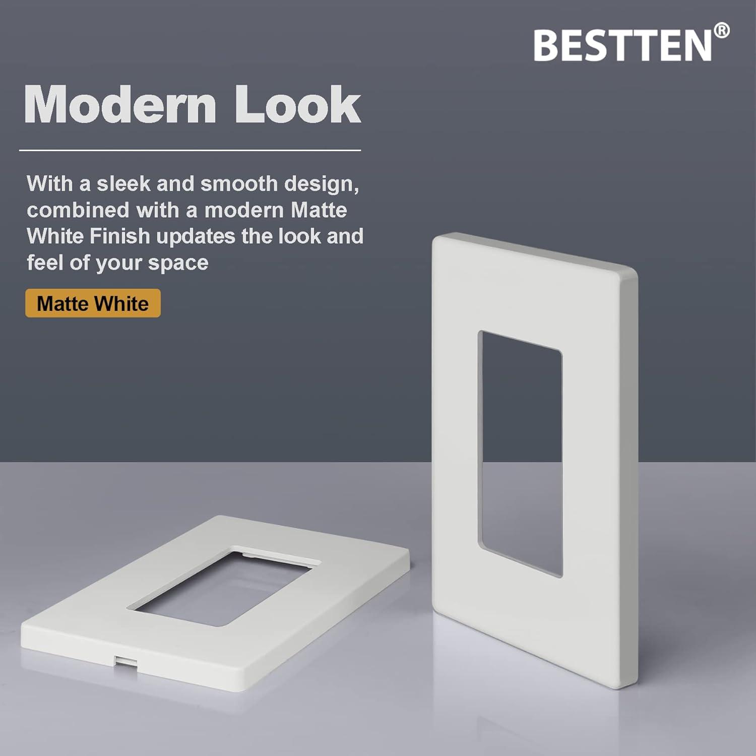 image100 Pack BESTTEN 1Gang Screwless Wall Plate Decorator Outlet Cover USWP4 Glossy White Faceplate for Light Switch Dimmer USB GFCI ReceptacleMatte Off White