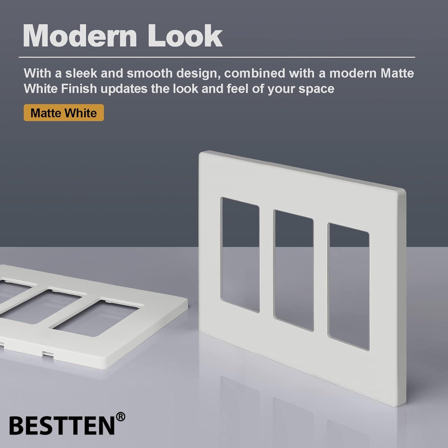 image100 Pack BESTTEN 1Gang Screwless Wall Plate Decorator Outlet Cover USWP4 Glossy White Faceplate for Light Switch Dimmer USB GFCI ReceptacleMatte Off White