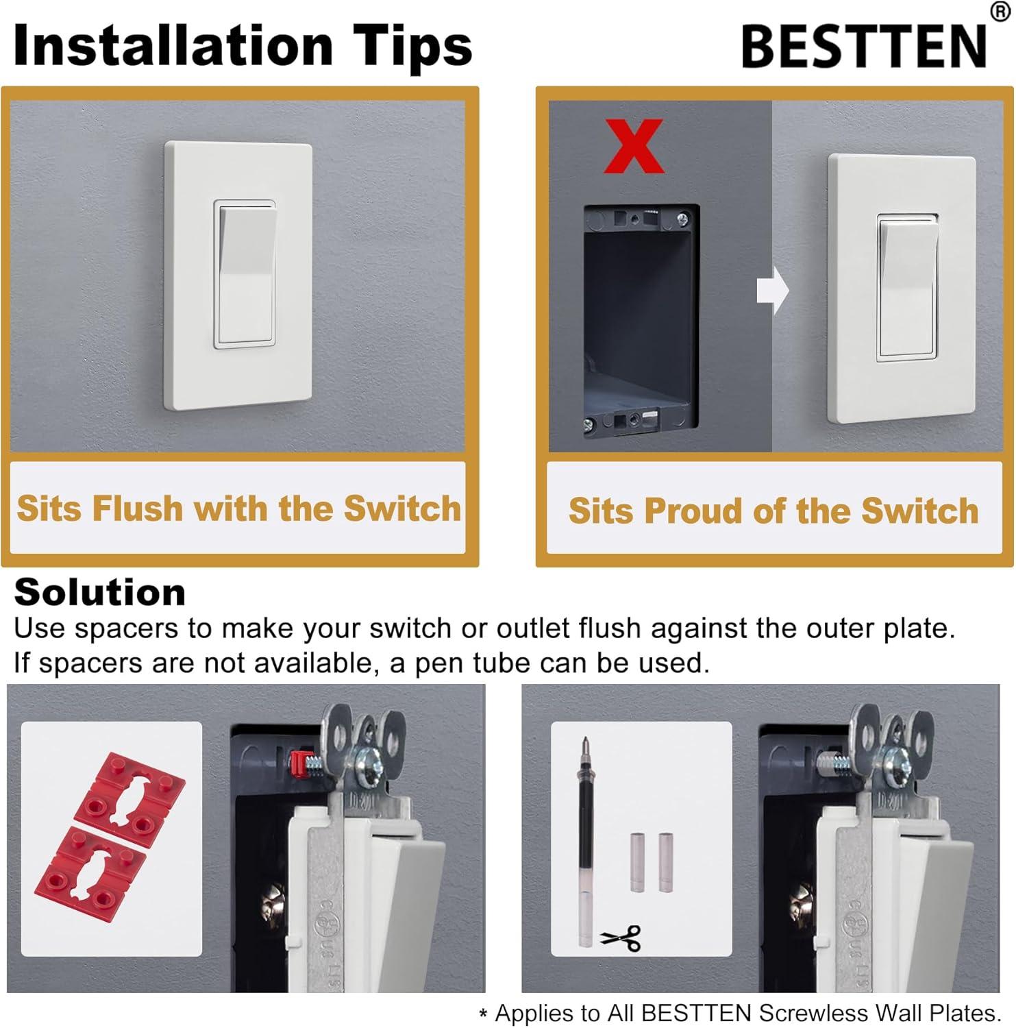 image100 Pack BESTTEN 1Gang Screwless Wall Plate Decorator Outlet Cover USWP4 Glossy White Faceplate for Light Switch Dimmer USB GFCI ReceptacleMatte Off White