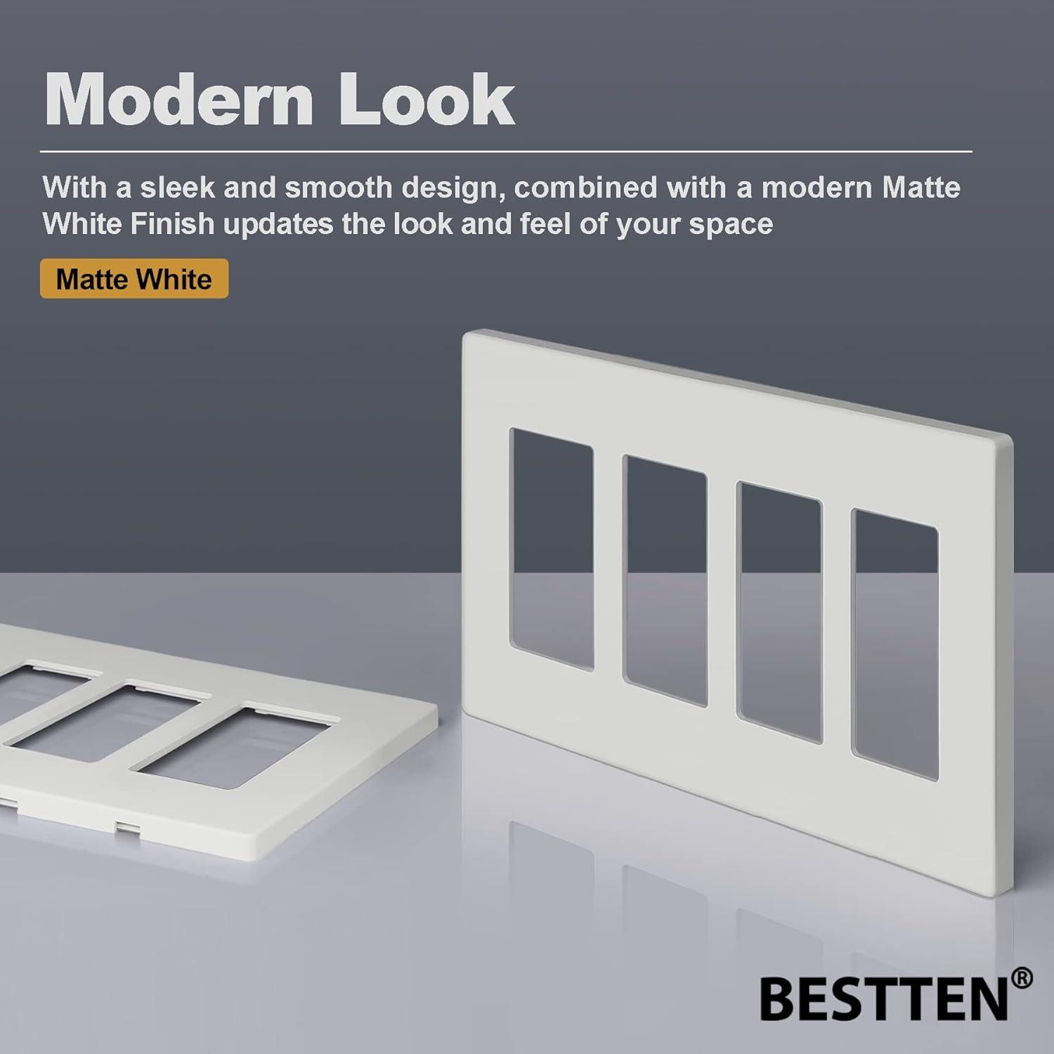 image100 Pack BESTTEN 1Gang Screwless Wall Plate Decorator Outlet Cover USWP4 Glossy White Faceplate for Light Switch Dimmer USB GFCI ReceptacleMatte Off White