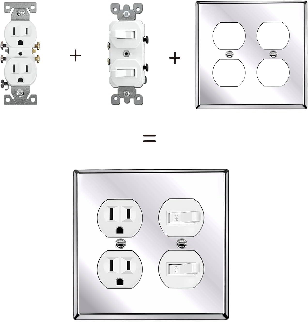 image2 Pack BESTTEN 2 Gang Duplex Metal Wall Plate with Protective Film Standard Size CorrosionResistant Stainless Steel Outlet and Switch Cover Industrial Grade Brushed Finish SilverPolished Stainless Steel