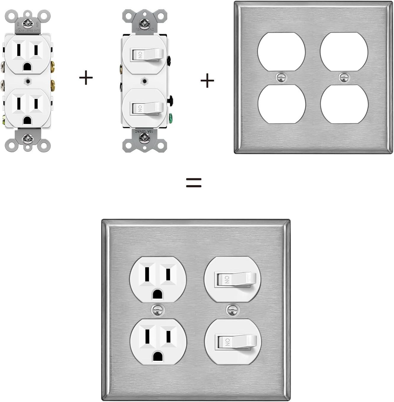 image2 Pack BESTTEN 2 Gang Duplex Metal Wall Plate with Protective Film Standard Size CorrosionResistant Stainless Steel Outlet and Switch Cover Industrial Grade Brushed Finish SilverBrushed Stainless Steel