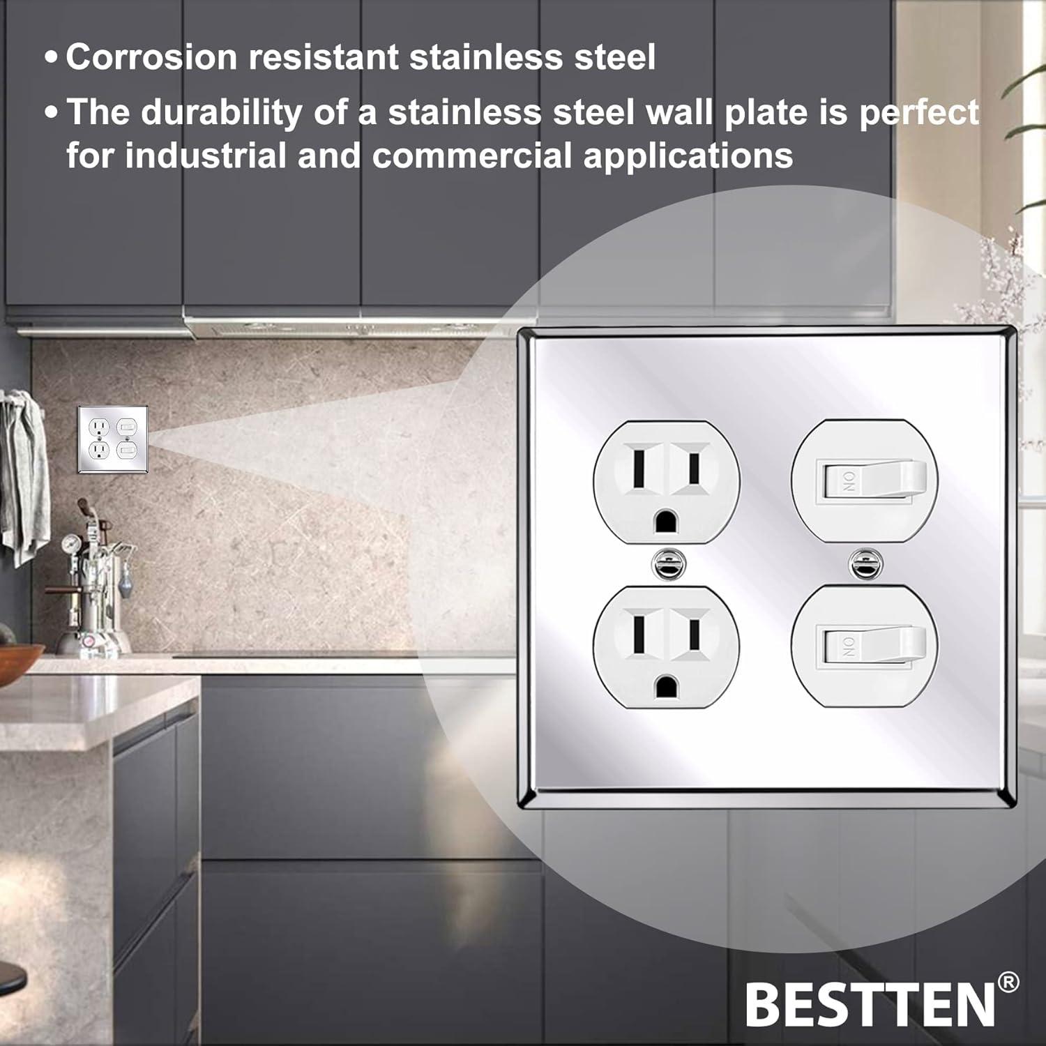 image2 Pack BESTTEN 2 Gang Duplex Metal Wall Plate with Protective Film Standard Size CorrosionResistant Stainless Steel Outlet and Switch Cover Industrial Grade Brushed Finish SilverPolished Stainless Steel