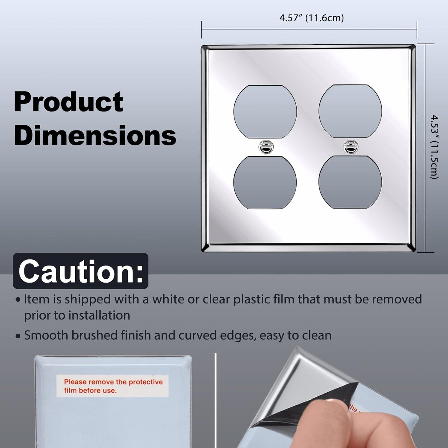image2 Pack BESTTEN 2 Gang Duplex Metal Wall Plate with Protective Film Standard Size CorrosionResistant Stainless Steel Outlet and Switch Cover Industrial Grade Brushed Finish SilverPolished Stainless Steel