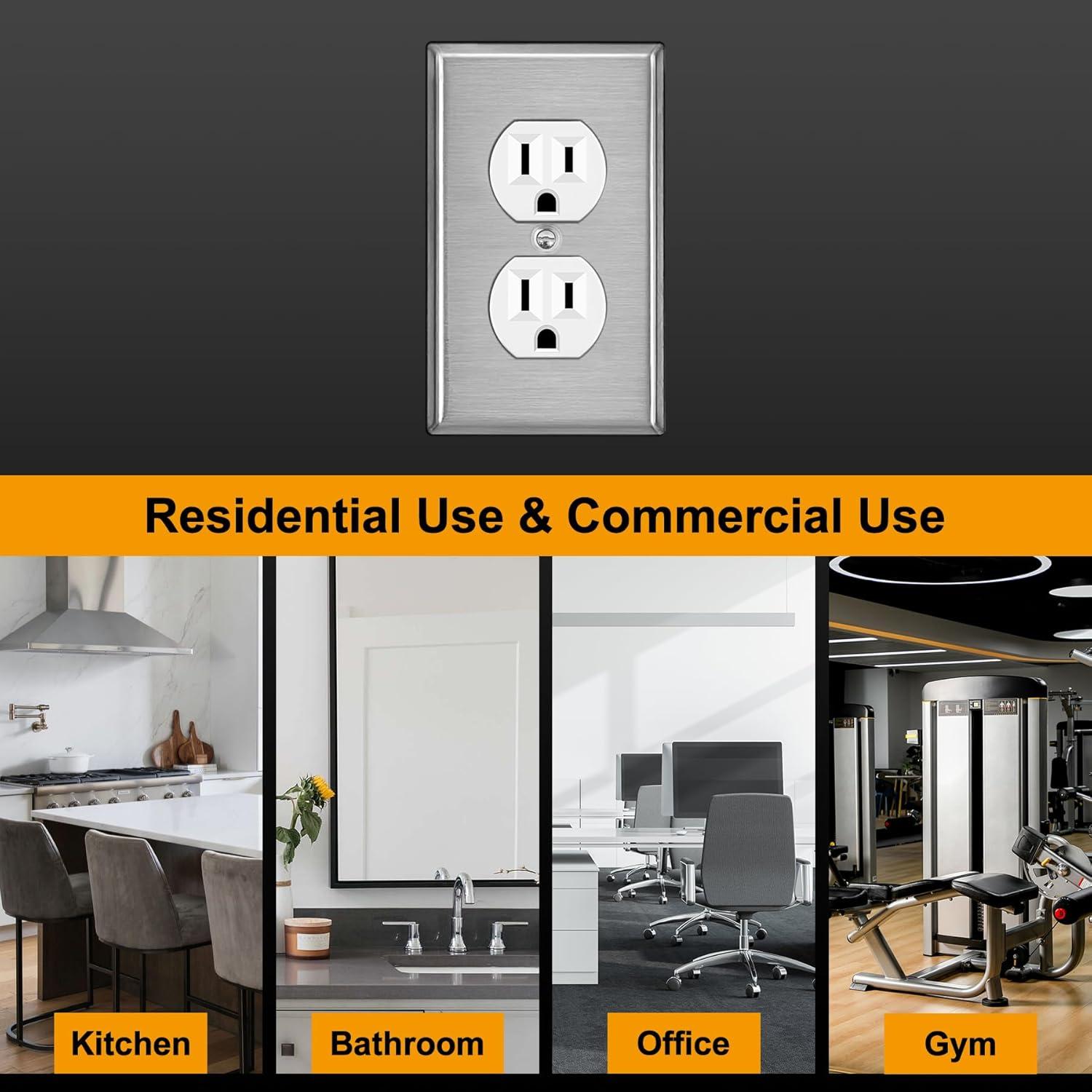 image2 Pack BESTTEN 2 Gang Duplex Metal Wall Plate with Protective Film Standard Size CorrosionResistant Stainless Steel Outlet and Switch Cover Industrial Grade Brushed Finish SilverBrushed Stainless Steel