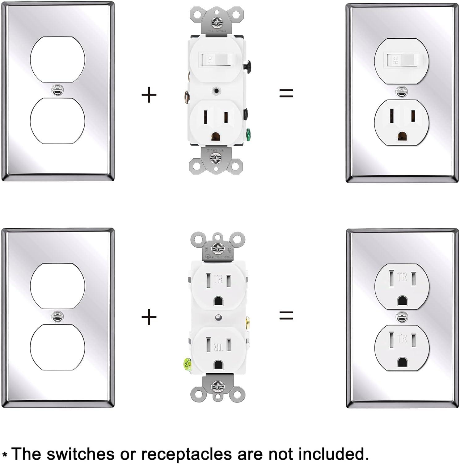image2 Pack BESTTEN 2 Gang Duplex Metal Wall Plate with Protective Film Standard Size CorrosionResistant Stainless Steel Outlet and Switch Cover Industrial Grade Brushed Finish SilverPolished Stainless Steel