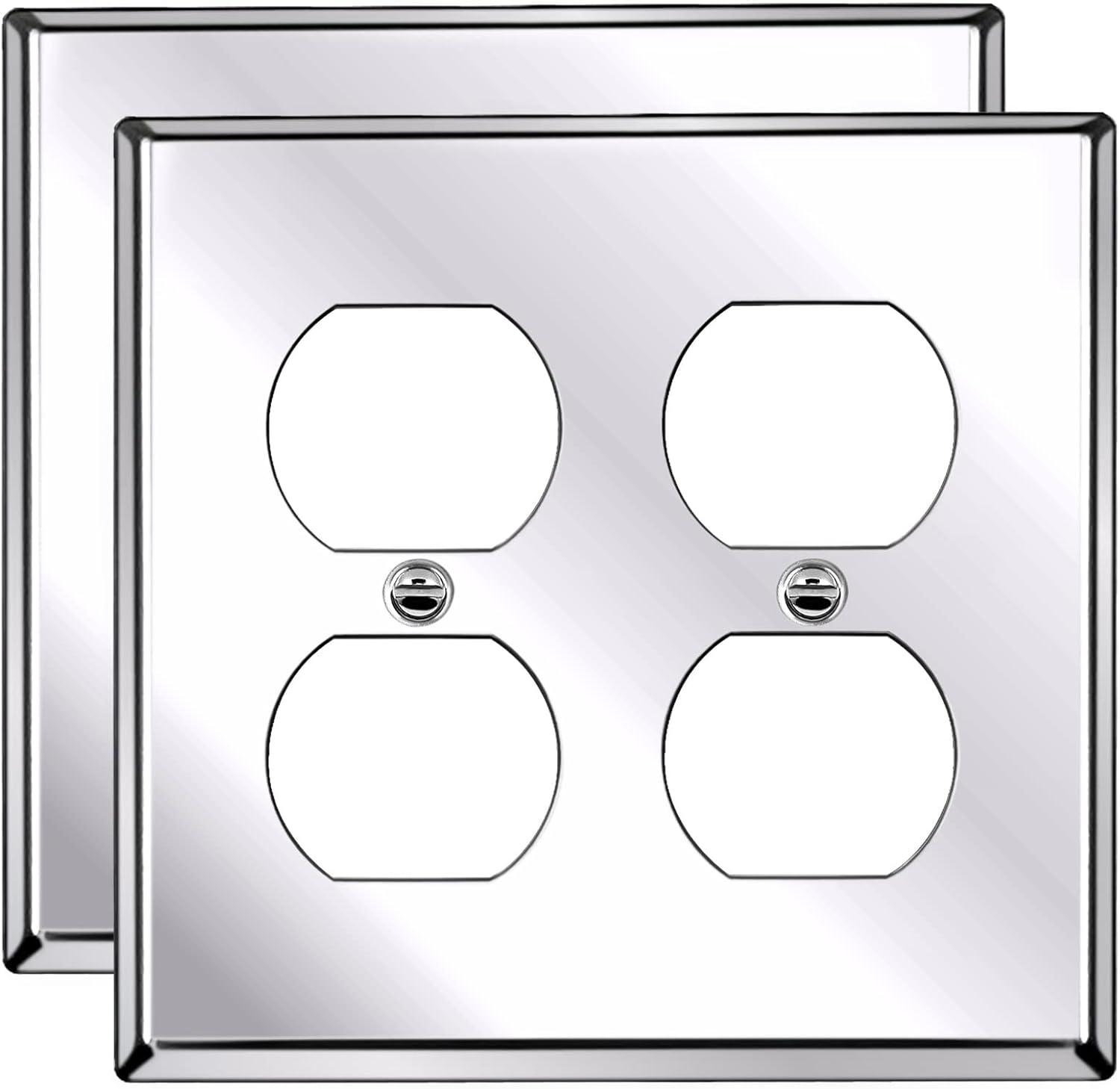 image2 Pack BESTTEN 2 Gang Duplex Metal Wall Plate with Protective Film Standard Size CorrosionResistant Stainless Steel Outlet and Switch Cover Industrial Grade Brushed Finish SilverPolished Stainless Steel