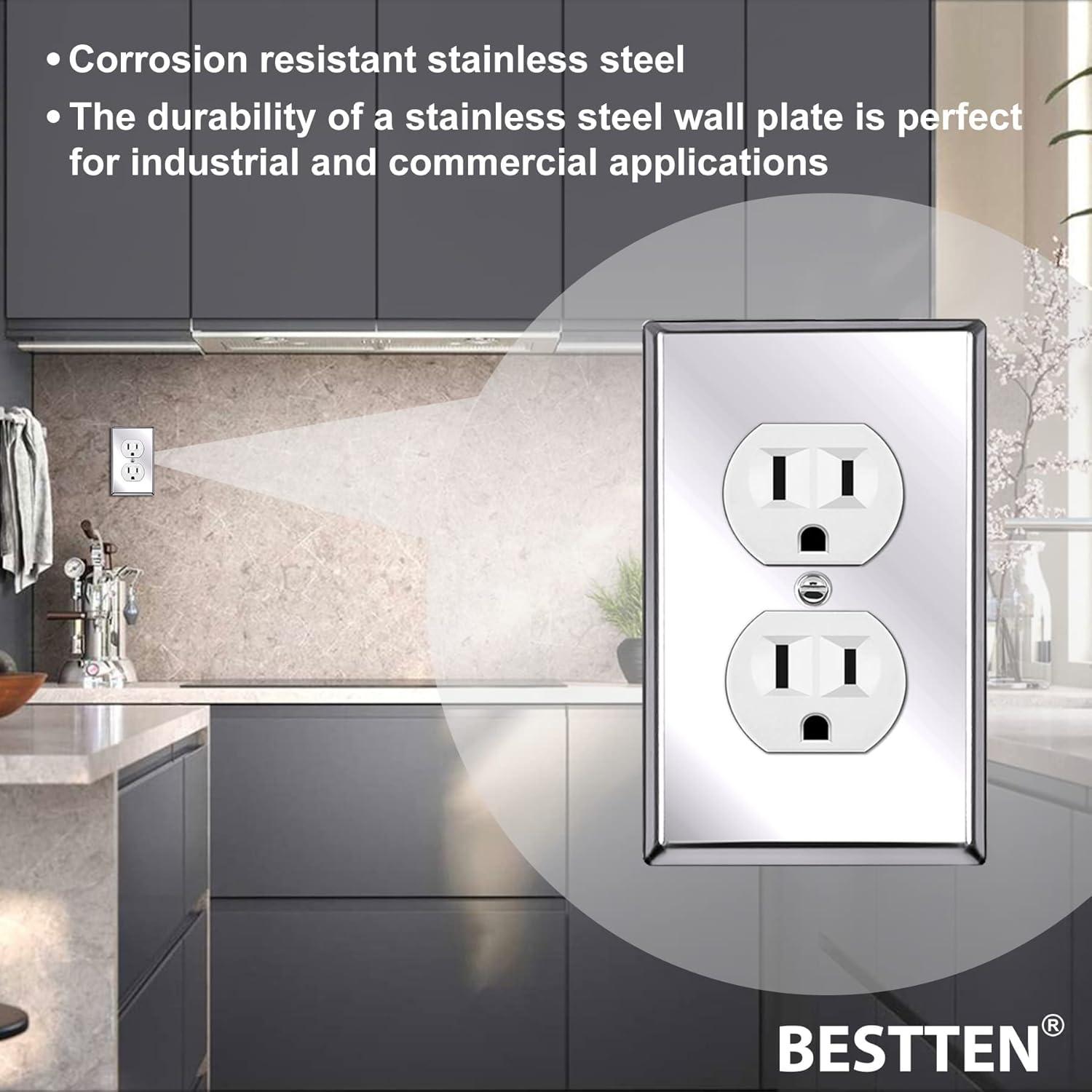 image2 Pack BESTTEN 2 Gang Duplex Metal Wall Plate with Protective Film Standard Size CorrosionResistant Stainless Steel Outlet and Switch Cover Industrial Grade Brushed Finish SilverPolished Stainless Steel