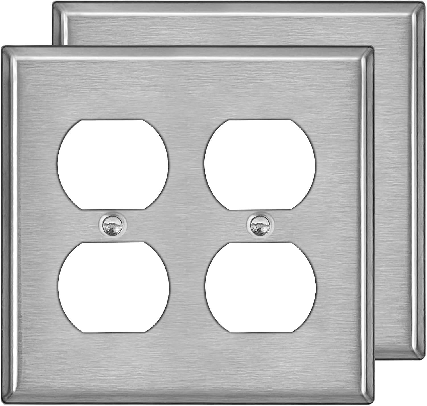 image2 Pack BESTTEN 2 Gang Duplex Metal Wall Plate with Protective Film Standard Size CorrosionResistant Stainless Steel Outlet and Switch Cover Industrial Grade Brushed Finish SilverBrushed Stainless Steel