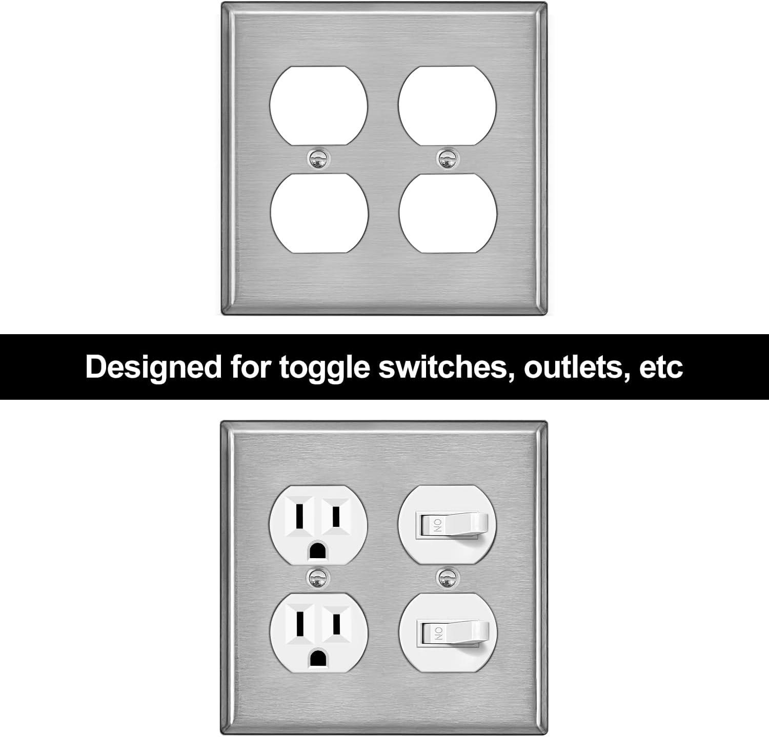 image2 Pack BESTTEN 2 Gang Duplex Metal Wall Plate with Protective Film Standard Size CorrosionResistant Stainless Steel Outlet and Switch Cover Industrial Grade Brushed Finish SilverBrushed Stainless Steel