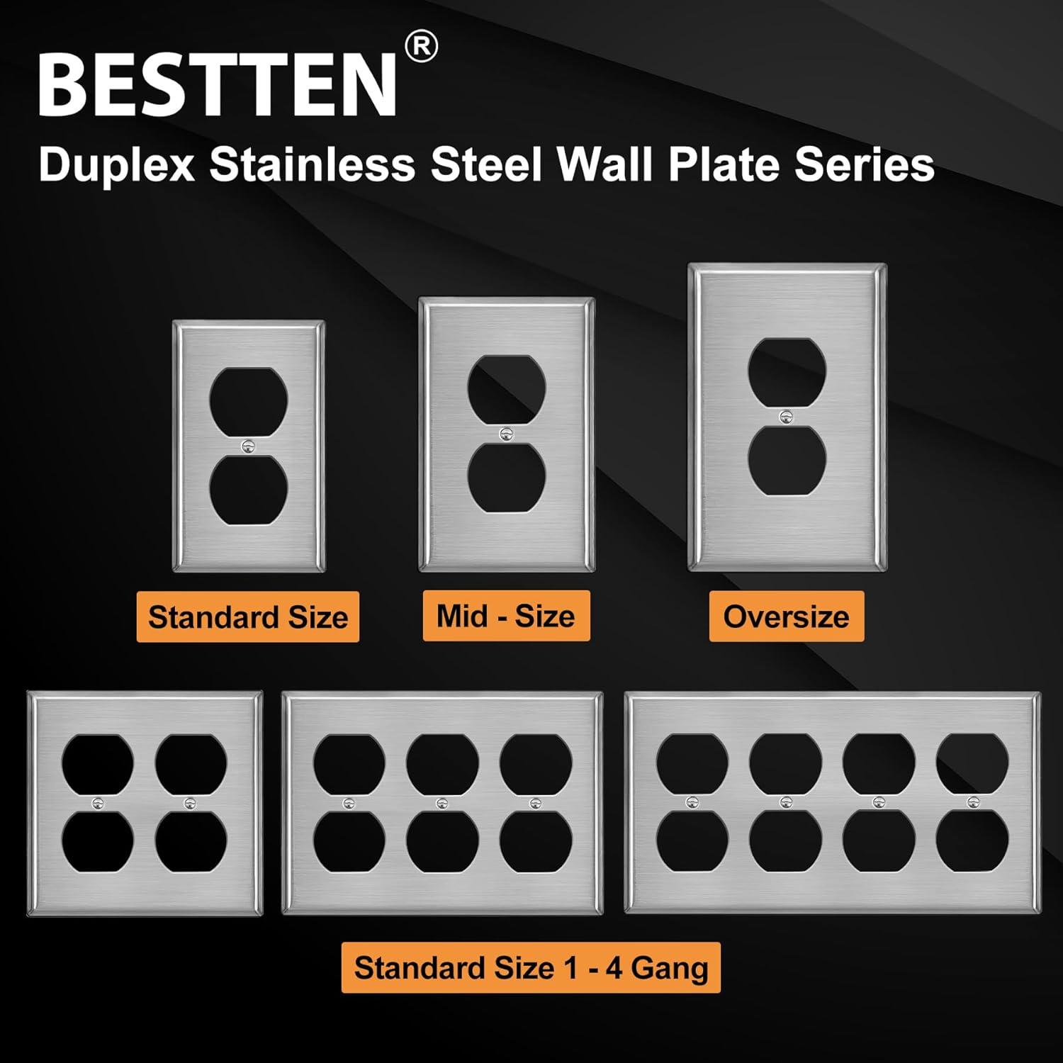 image2 Pack BESTTEN 2 Gang Duplex Metal Wall Plate with Protective Film Standard Size CorrosionResistant Stainless Steel Outlet and Switch Cover Industrial Grade Brushed Finish SilverBrushed Stainless Steel