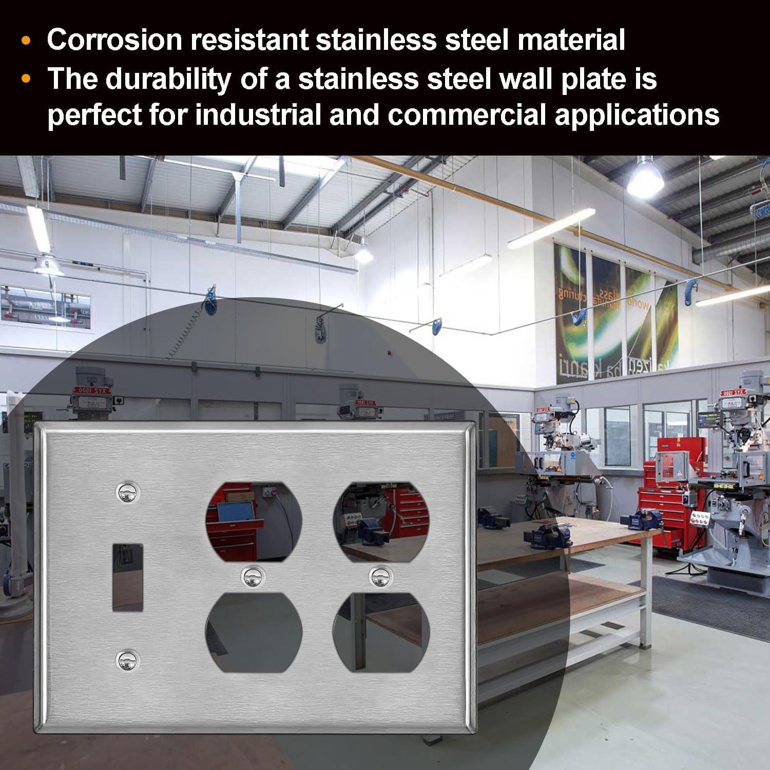 image2 Pack BESTTEN 2Duplex1Toggle Combo Metal Wall Plate with Protective Film 3Gang Standard Size CorrosionResistant Stainless Steel Outlet and Switch Cover Brushed Finish Silver