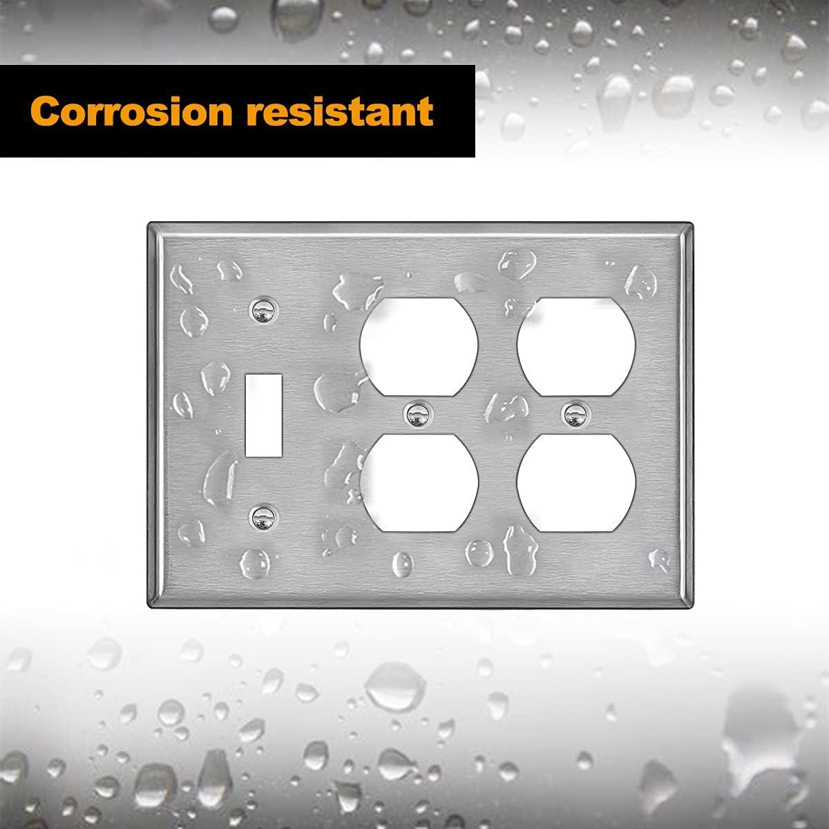 image2 Pack BESTTEN 2Duplex1Toggle Combo Metal Wall Plate with Protective Film 3Gang Standard Size CorrosionResistant Stainless Steel Outlet and Switch Cover Brushed Finish Silver