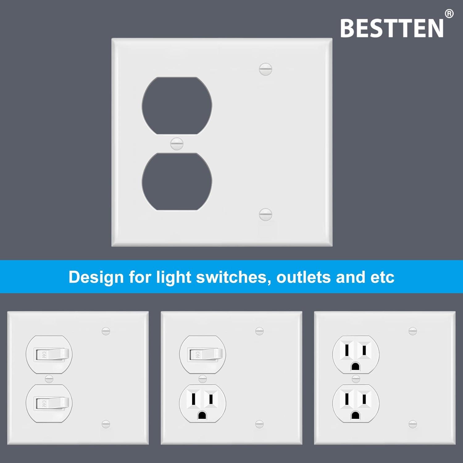 image2 Pack BESTTEN 2Gang Combination Light Switch Wall Plate 1Duplex1Blank Standard Size Unbreakable Polycarbonate Receptacle Outlet Cover White