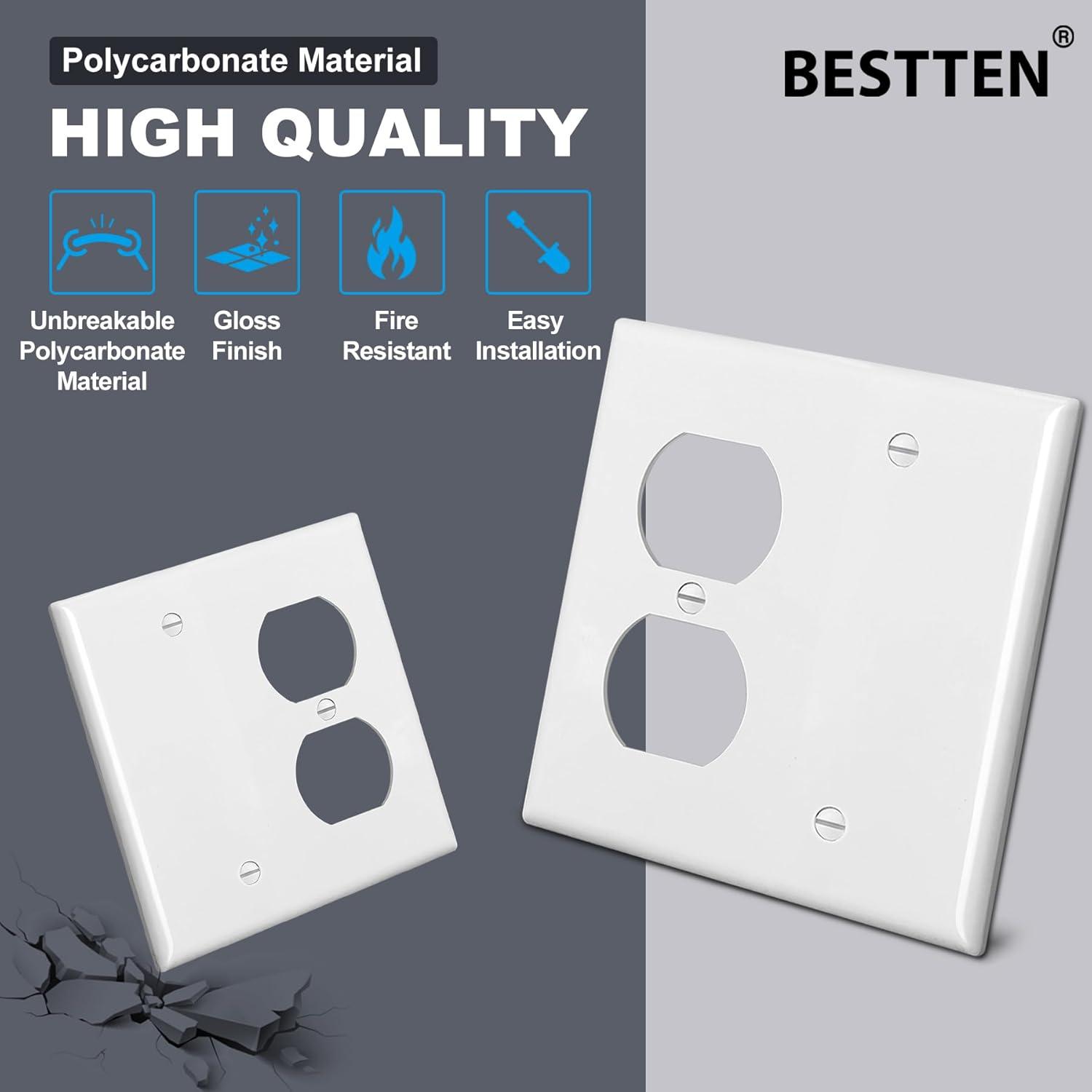 image2 Pack BESTTEN 2Gang Combination Light Switch Wall Plate 1Duplex1Blank Standard Size Unbreakable Polycarbonate Receptacle Outlet Cover White