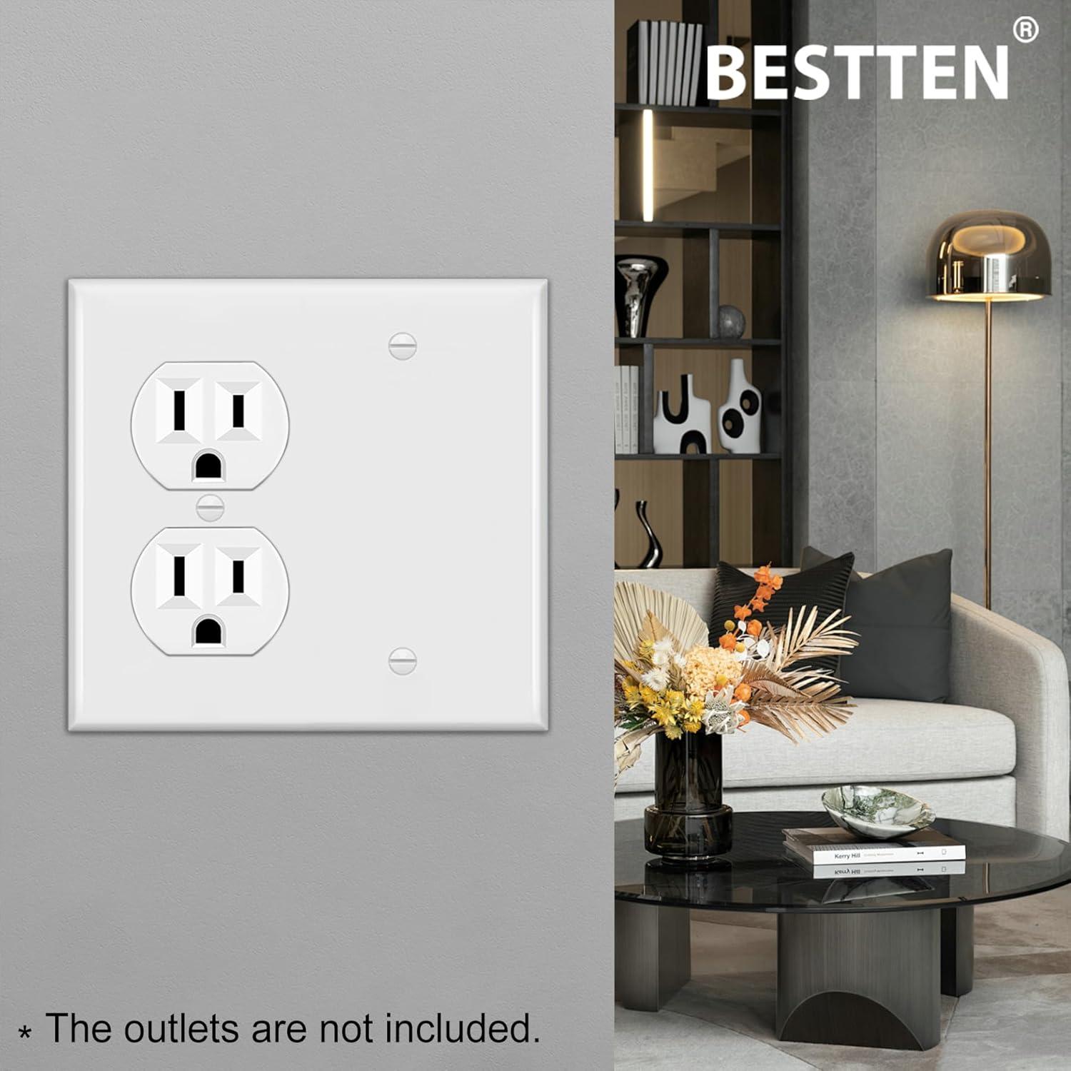 image2 Pack BESTTEN 2Gang Combination Light Switch Wall Plate 1Duplex1Blank Standard Size Unbreakable Polycarbonate Receptacle Outlet Cover White