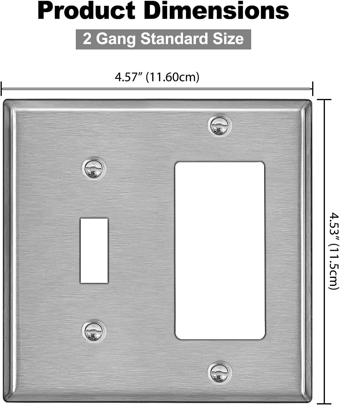 image2 Pack BESTTEN 2Gang Combination Metal Wall Plate 1Toggle1Decor Standard Size CorrosionResistant Stainless Steel Outlet and Switch Cover Silver Brushed Finish