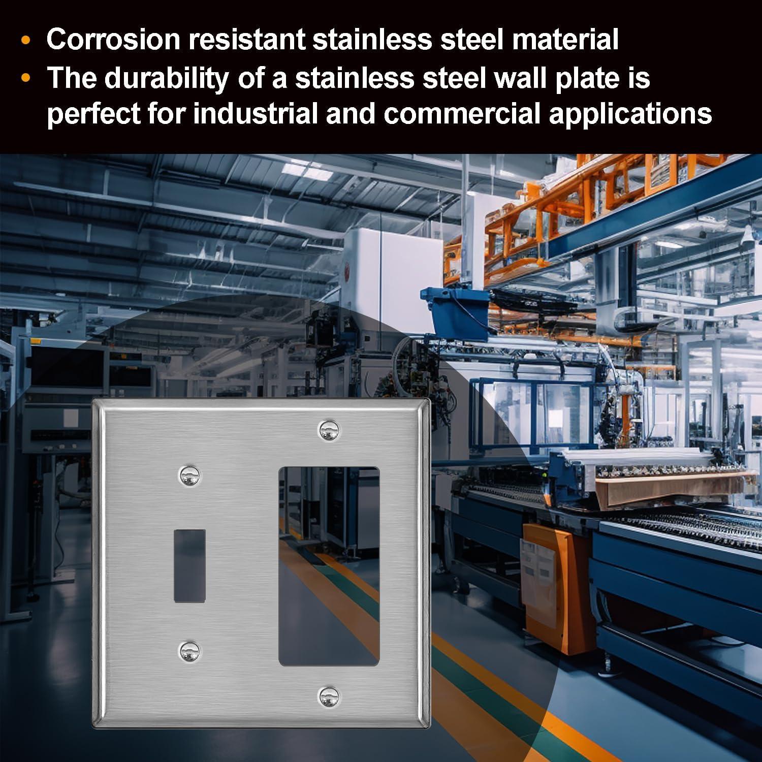 image2 Pack BESTTEN 2Gang Combination Metal Wall Plate 1Toggle1Decor Standard Size CorrosionResistant Stainless Steel Outlet and Switch Cover Silver Brushed Finish