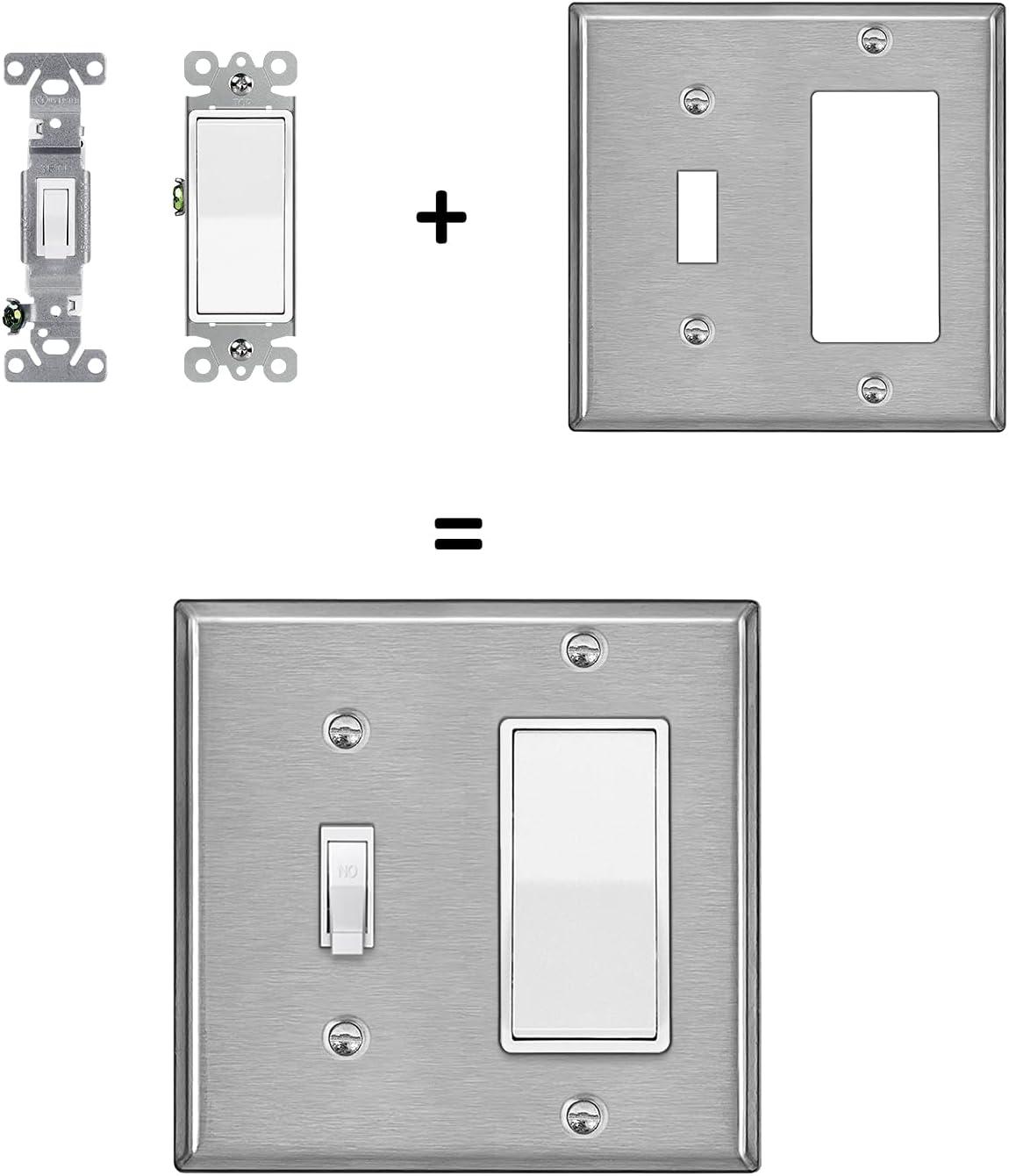 image2 Pack BESTTEN 2Gang Combination Metal Wall Plate 1Toggle1Decor Standard Size CorrosionResistant Stainless Steel Outlet and Switch Cover Silver Brushed Finish