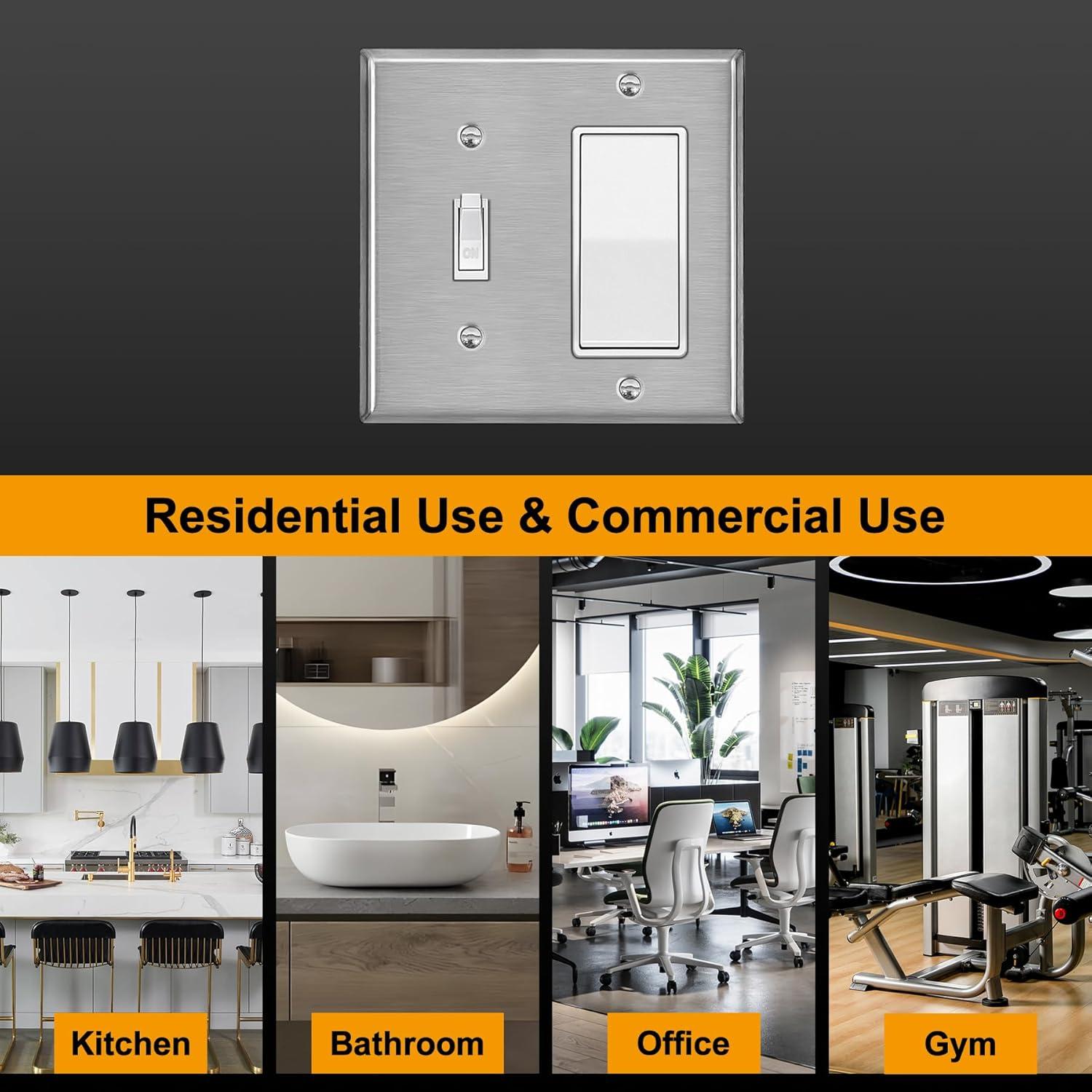 image2 Pack BESTTEN 2Gang Combination Metal Wall Plate 1Toggle1Decor Standard Size CorrosionResistant Stainless Steel Outlet and Switch Cover Silver Brushed Finish