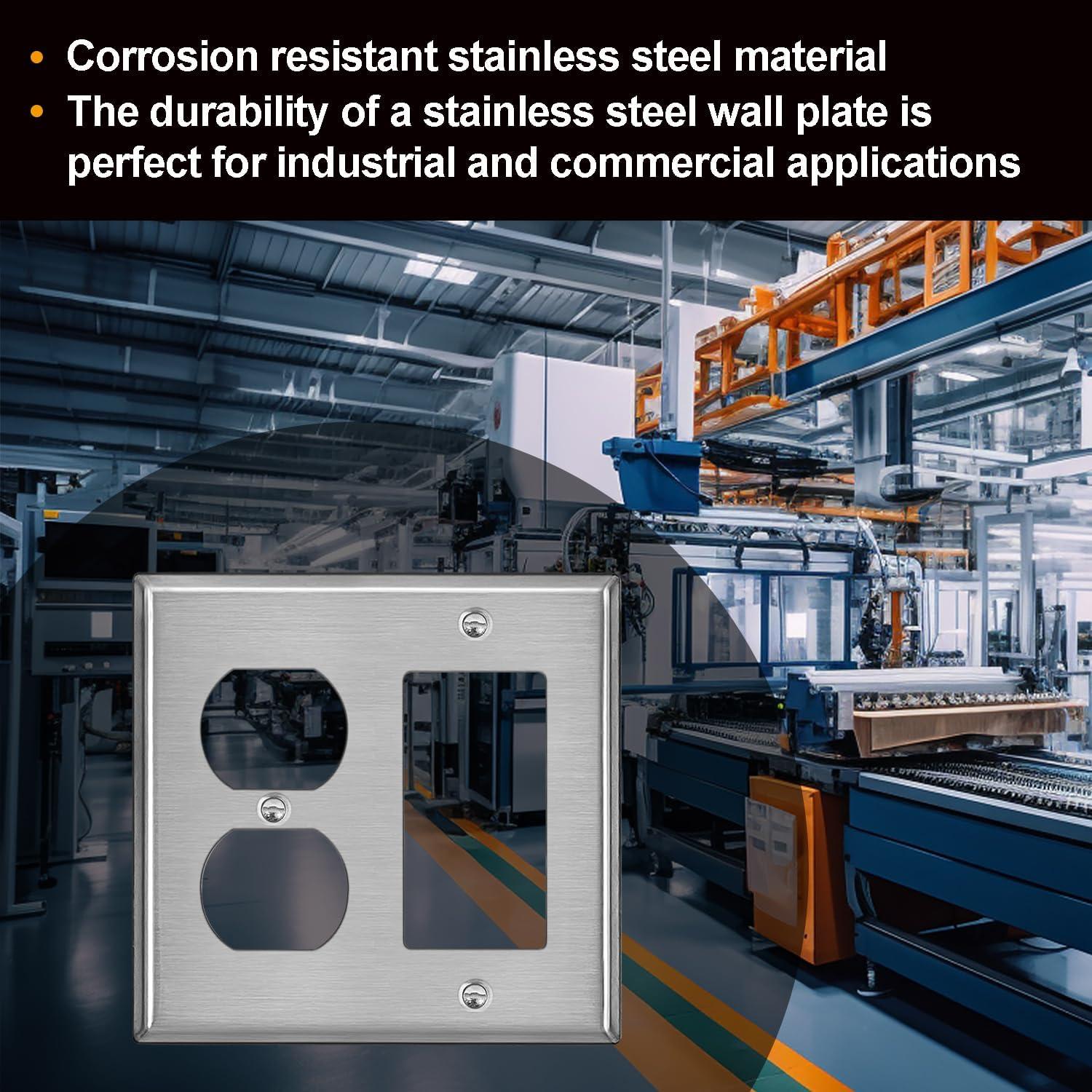 image2 Pack BESTTEN 2Gang Combination Metal Wall Plate with Protective Film 1Duplex1Decor CorrosionResistant Stainless Steel Outlet and Switch Cover Standard Size Brushed FinishSilver