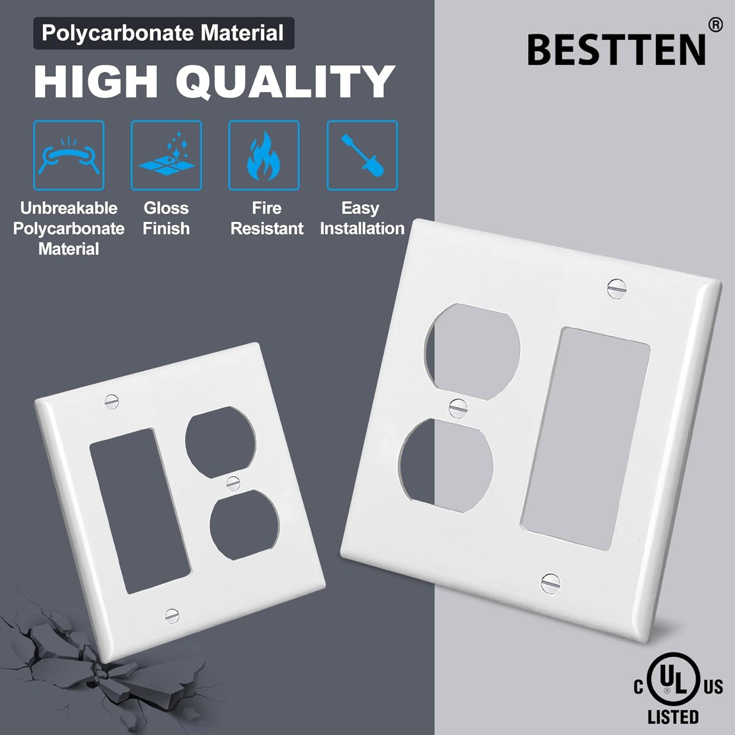 image2 Pack BESTTEN 2Gang Combination Metal Wall Plate with Protective Film 1Duplex1Decor CorrosionResistant Stainless Steel Outlet and Switch Cover Standard Size Brushed FinishWhite