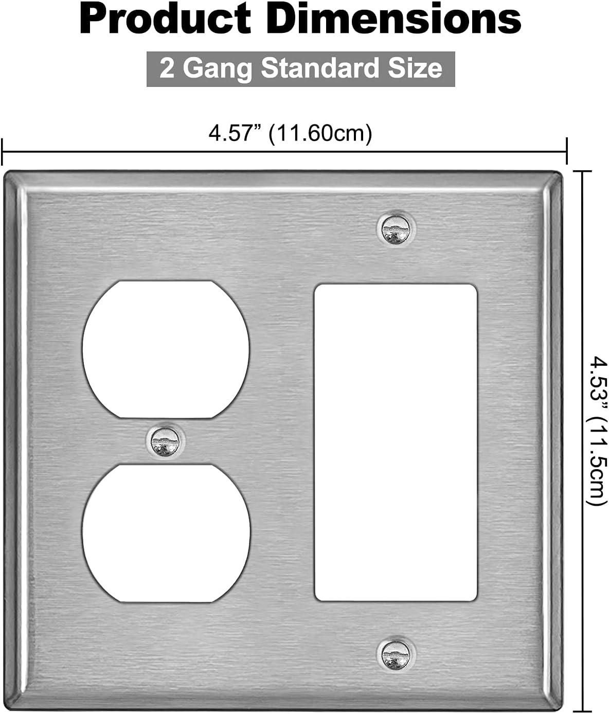 image2 Pack BESTTEN 2Gang Combination Metal Wall Plate with Protective Film 1Duplex1Decor CorrosionResistant Stainless Steel Outlet and Switch Cover Standard Size Brushed FinishSilver