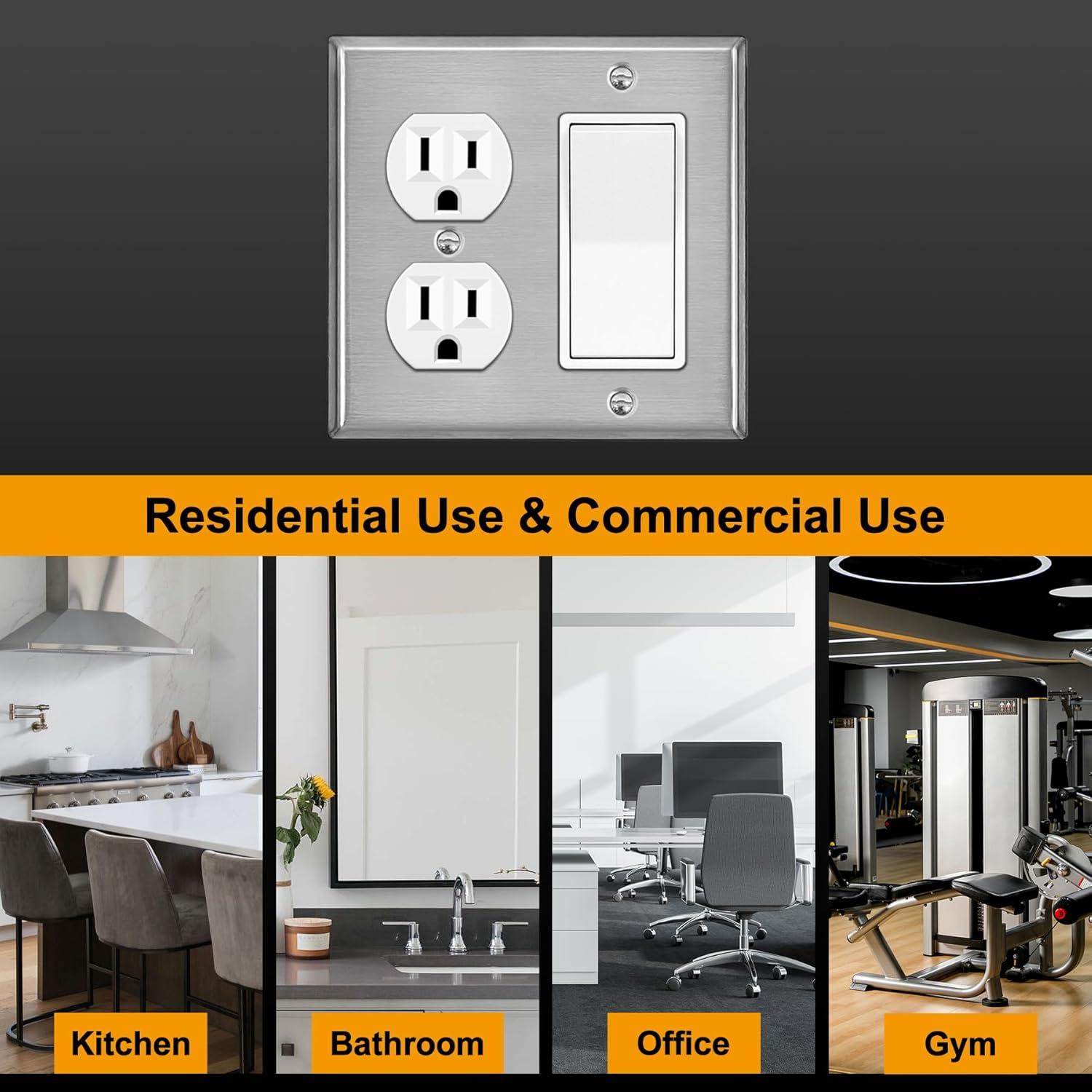 image2 Pack BESTTEN 2Gang Combination Metal Wall Plate with Protective Film 1Duplex1Decor CorrosionResistant Stainless Steel Outlet and Switch Cover Standard Size Brushed FinishSilver