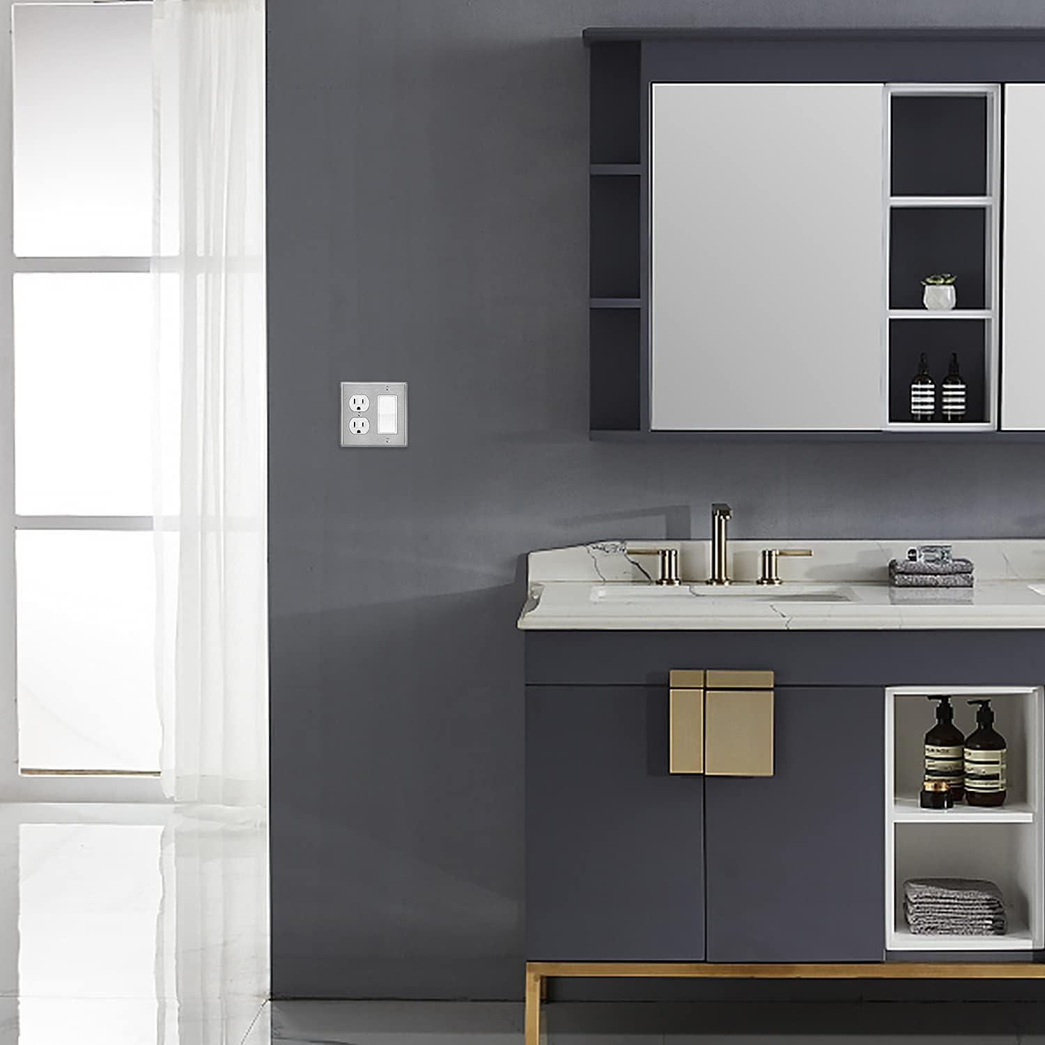 image2 Pack BESTTEN 2Gang Combination Metal Wall Plate with Protective Film 1Duplex1Decor CorrosionResistant Stainless Steel Outlet and Switch Cover Standard Size Brushed FinishSilver