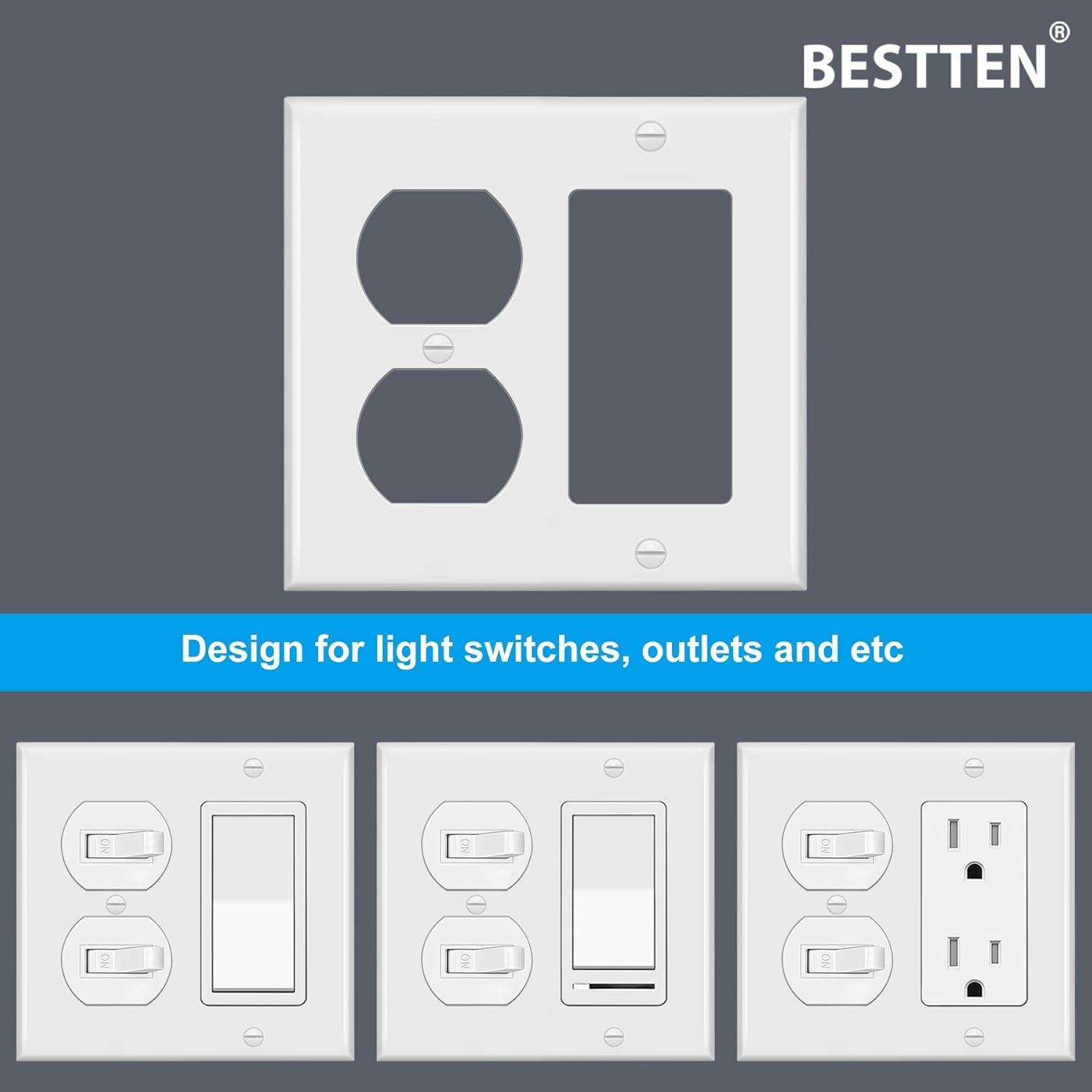 image2 Pack BESTTEN 2Gang Combination Metal Wall Plate with Protective Film 1Duplex1Decor CorrosionResistant Stainless Steel Outlet and Switch Cover Standard Size Brushed FinishWhite