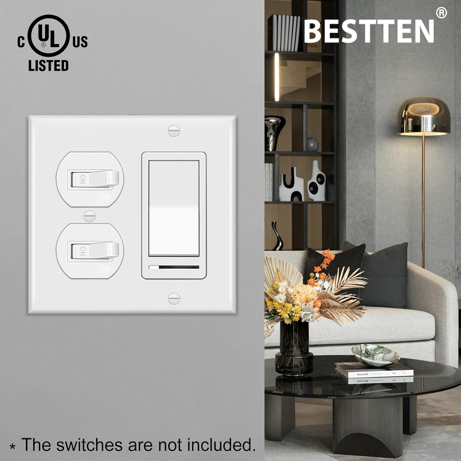 image2 Pack BESTTEN 2Gang Combination Metal Wall Plate with Protective Film 1Duplex1Decor CorrosionResistant Stainless Steel Outlet and Switch Cover Standard Size Brushed FinishWhite