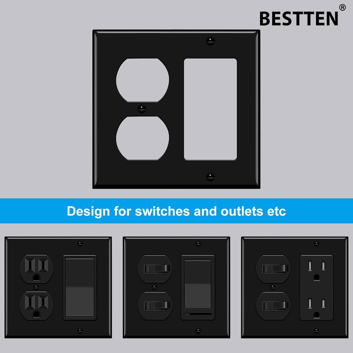 image2 Pack BESTTEN 2Gang Combination Metal Wall Plate with Protective Film 1Duplex1Decor CorrosionResistant Stainless Steel Outlet and Switch Cover Standard Size Brushed FinishBlack
