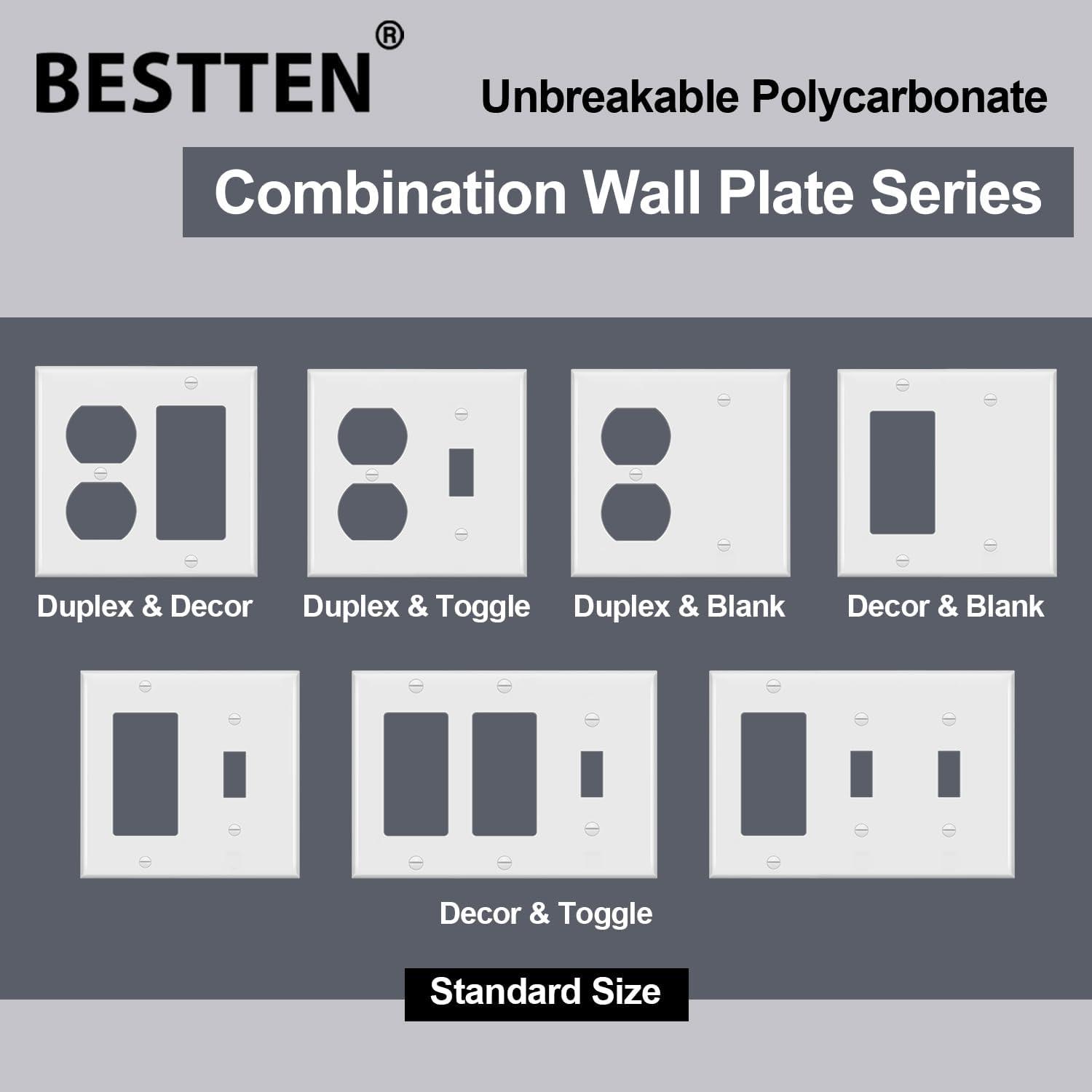 image2 Pack BESTTEN 2Gang Combination Metal Wall Plate with Protective Film 1Duplex1Toggle CorrosionResistant Stainless Steel Outlet and Switch Cover Standard Size Brushed Finish SilverWhite