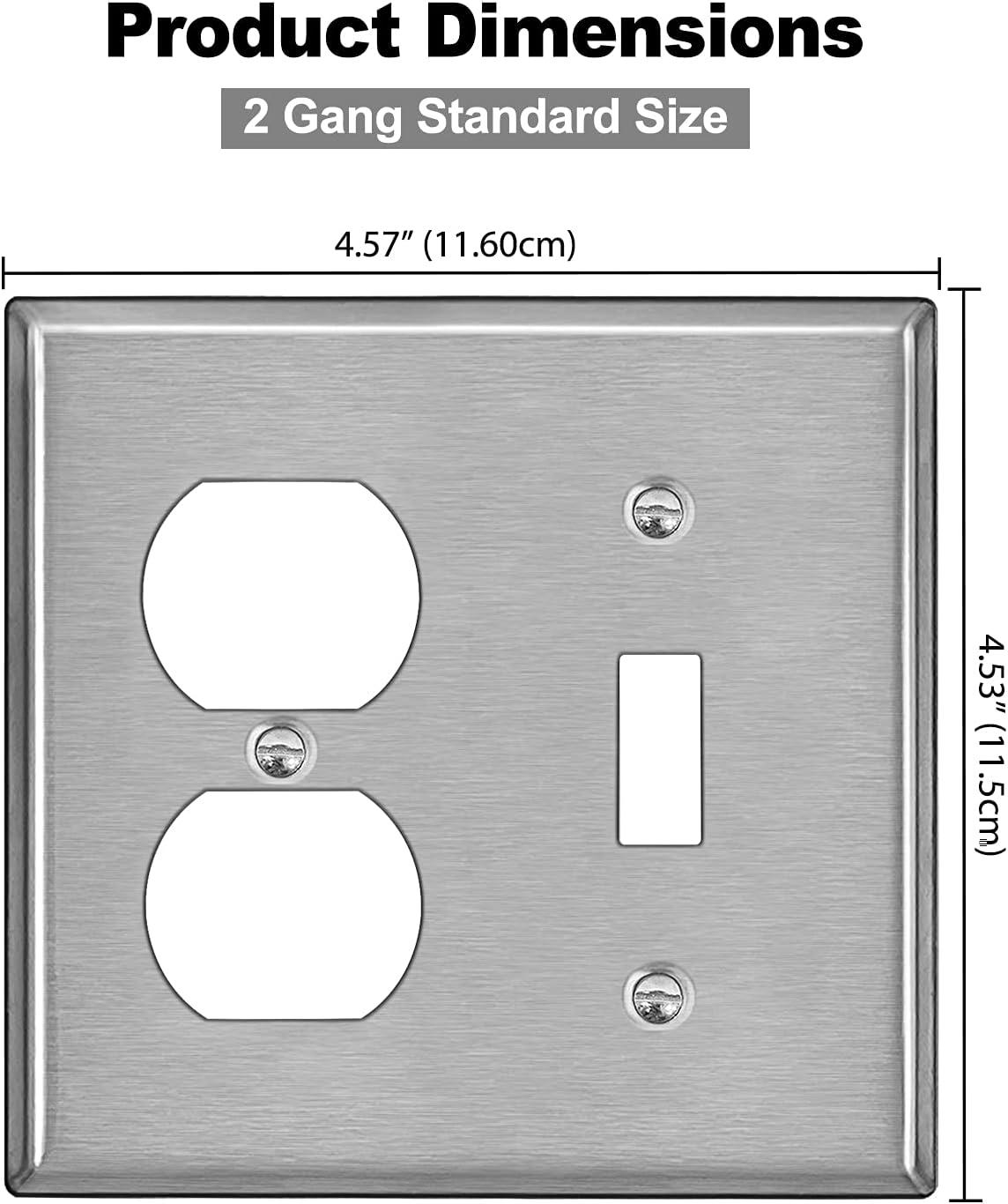 image2 Pack BESTTEN 2Gang Combination Metal Wall Plate with Protective Film 1Duplex1Toggle CorrosionResistant Stainless Steel Outlet and Switch Cover Standard Size Brushed Finish SilverSilver