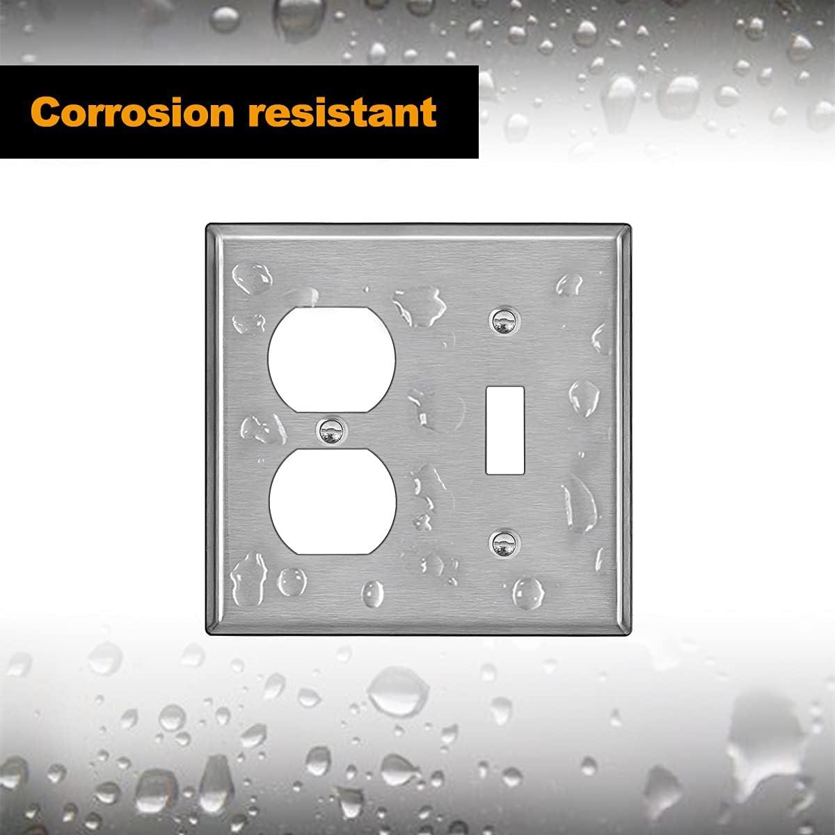 image2 Pack BESTTEN 2Gang Combination Metal Wall Plate with Protective Film 1Duplex1Toggle CorrosionResistant Stainless Steel Outlet and Switch Cover Standard Size Brushed Finish SilverSilver