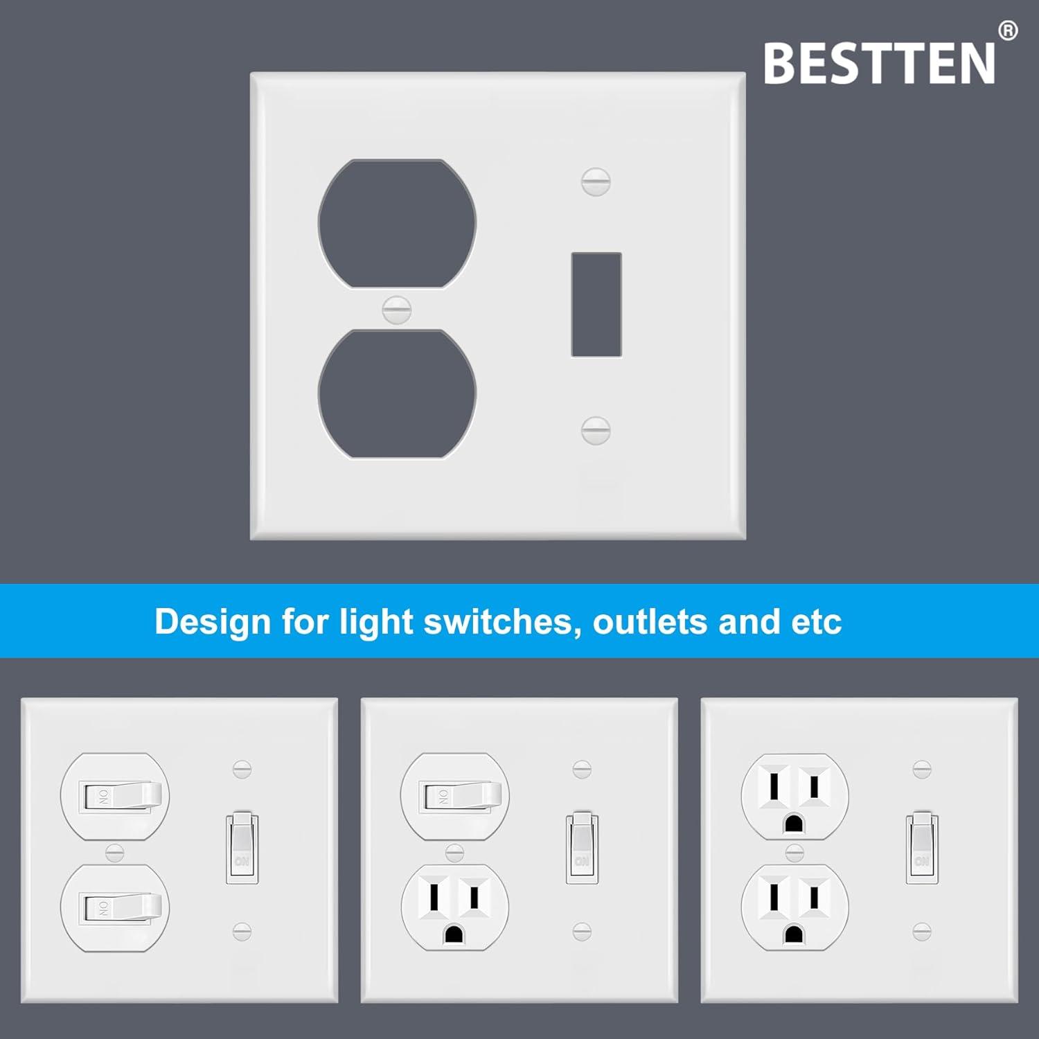 image2 Pack BESTTEN 2Gang Combination Metal Wall Plate with Protective Film 1Duplex1Toggle CorrosionResistant Stainless Steel Outlet and Switch Cover Standard Size Brushed Finish SilverWhite