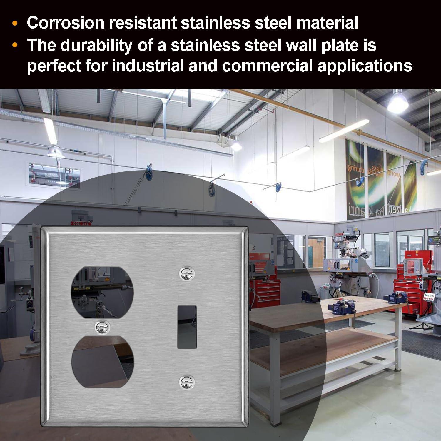 image2 Pack BESTTEN 2Gang Combination Metal Wall Plate with Protective Film 1Duplex1Toggle CorrosionResistant Stainless Steel Outlet and Switch Cover Standard Size Brushed Finish SilverSilver