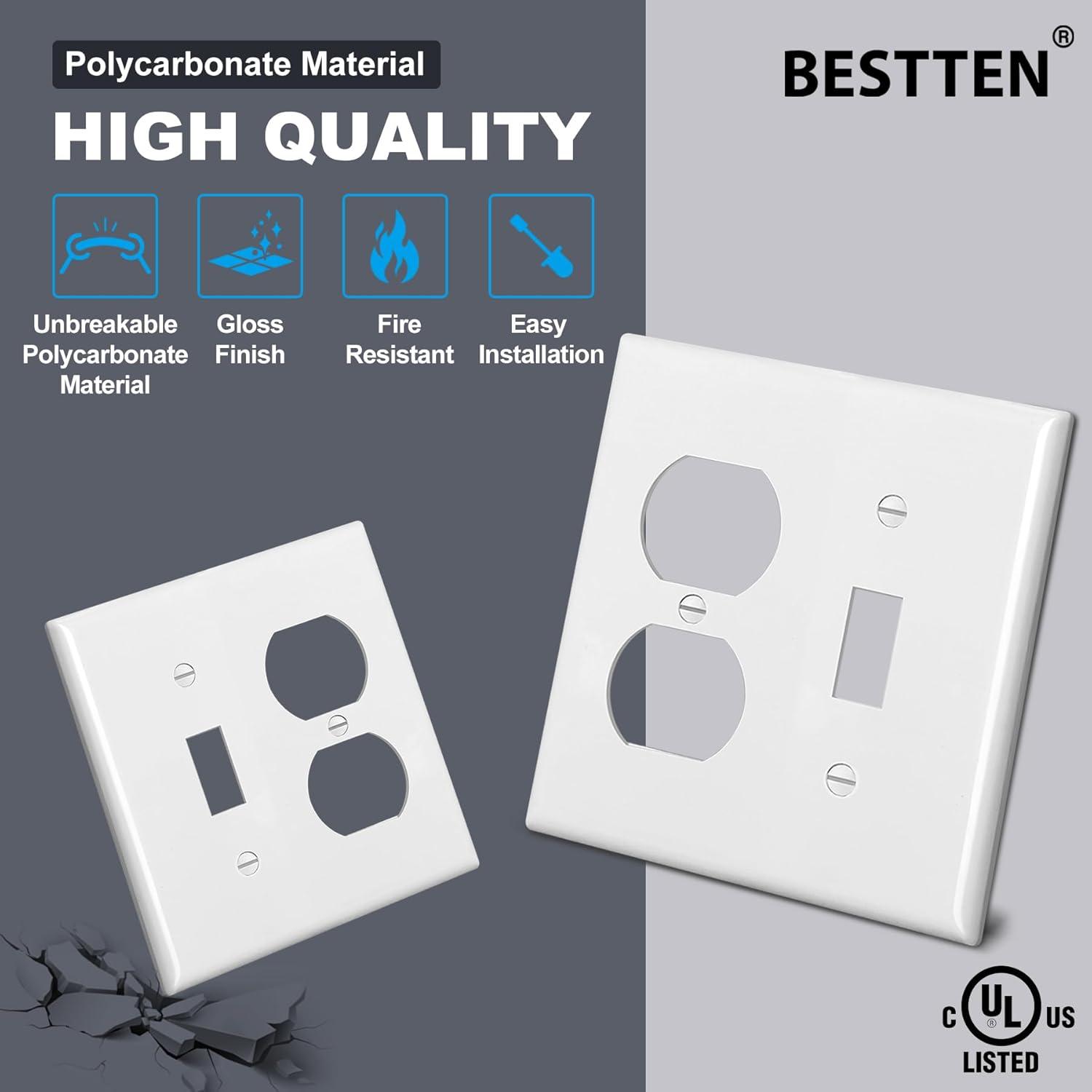 image2 Pack BESTTEN 2Gang Combination Metal Wall Plate with Protective Film 1Duplex1Toggle CorrosionResistant Stainless Steel Outlet and Switch Cover Standard Size Brushed Finish SilverWhite