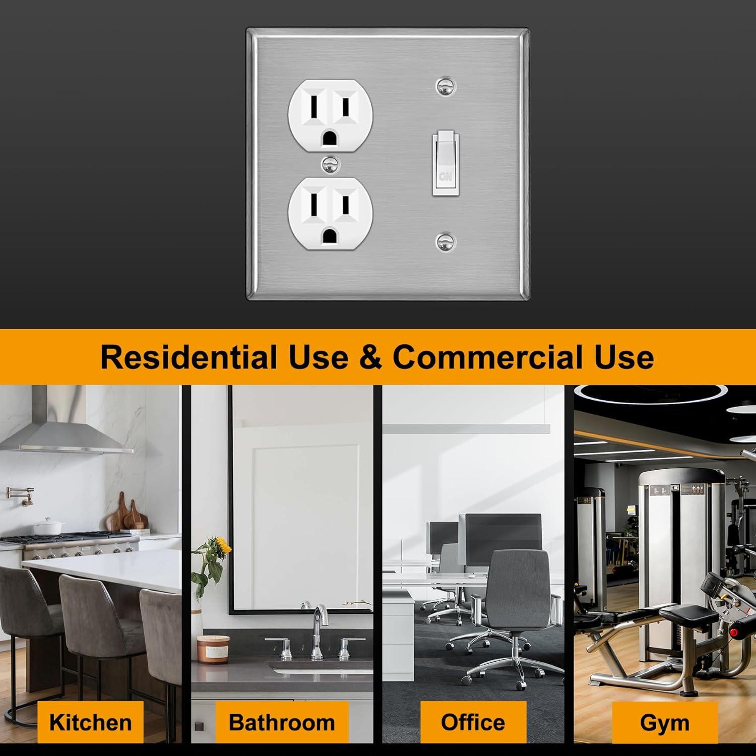 image2 Pack BESTTEN 2Gang Combination Metal Wall Plate with Protective Film 1Duplex1Toggle CorrosionResistant Stainless Steel Outlet and Switch Cover Standard Size Brushed Finish SilverSilver