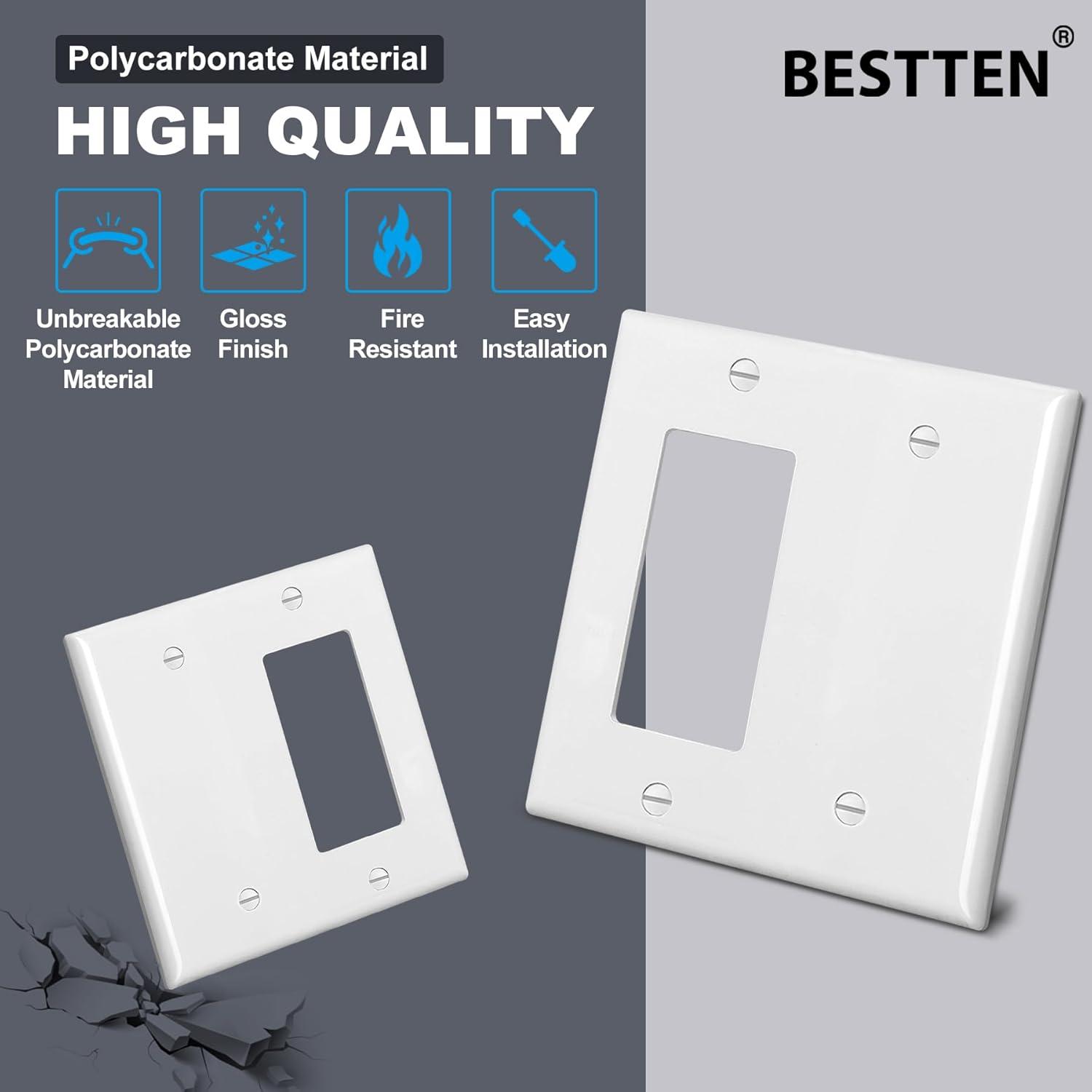 image2 Pack BESTTEN 2Gang Combination Wall Plate 1Gang Decorator Switch Cover 1Decor1Blank Standard Size Unbreakable Polycarbonate White