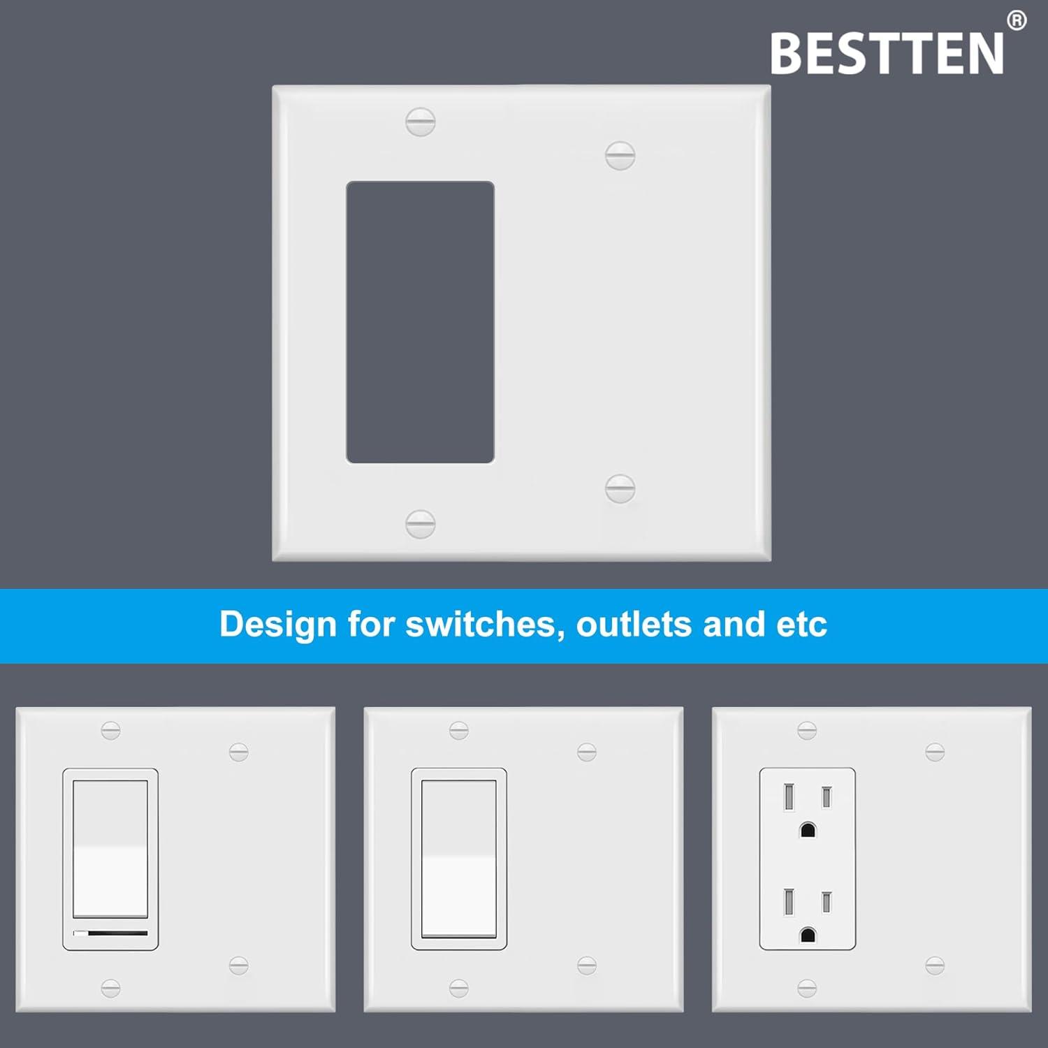 image2 Pack BESTTEN 2Gang Combination Wall Plate 1Gang Decorator Switch Cover 1Decor1Blank Standard Size Unbreakable Polycarbonate White
