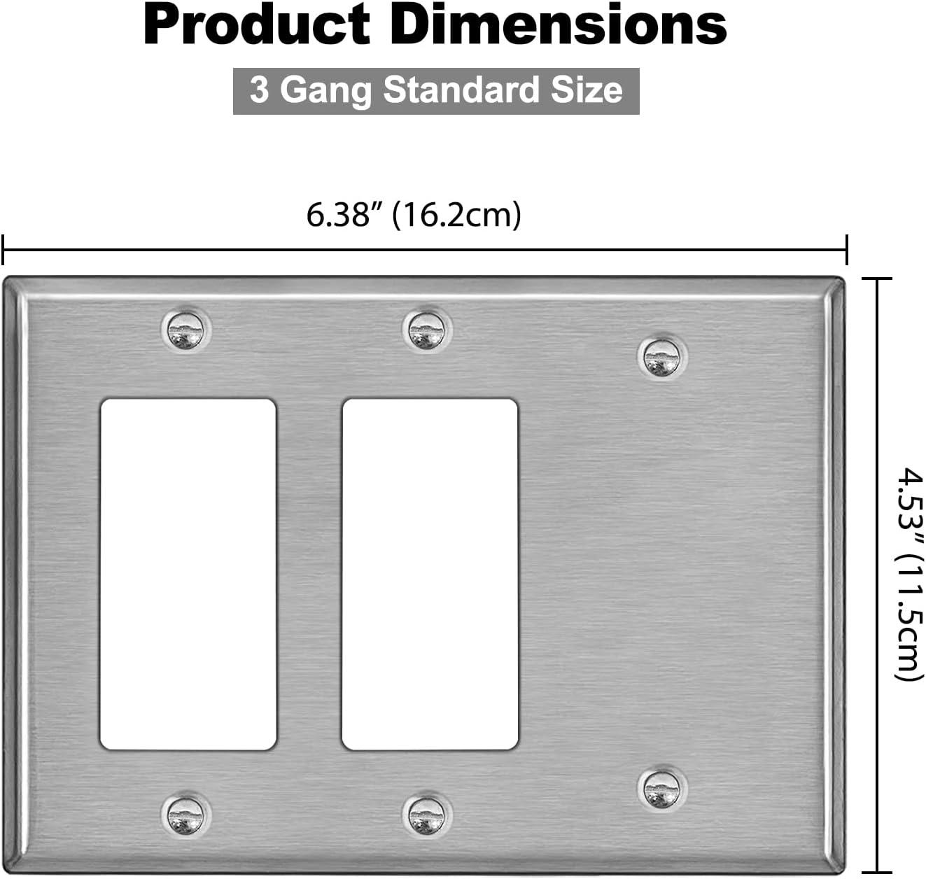 image2 Pack BESTTEN 3Gang Combination Metal Wall Plate with hite or Clear Plastic Film 2Decorator1Blank CorrosionResistant Stainless Steel Outlet and Switch Cover Brushed Finish