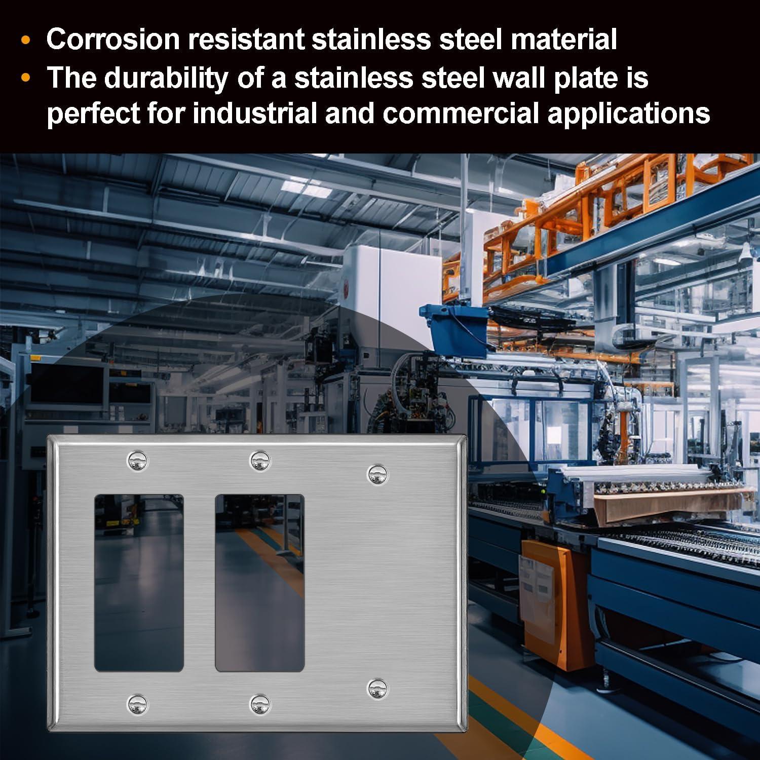 image2 Pack BESTTEN 3Gang Combination Metal Wall Plate with hite or Clear Plastic Film 2Decorator1Blank CorrosionResistant Stainless Steel Outlet and Switch Cover Brushed Finish