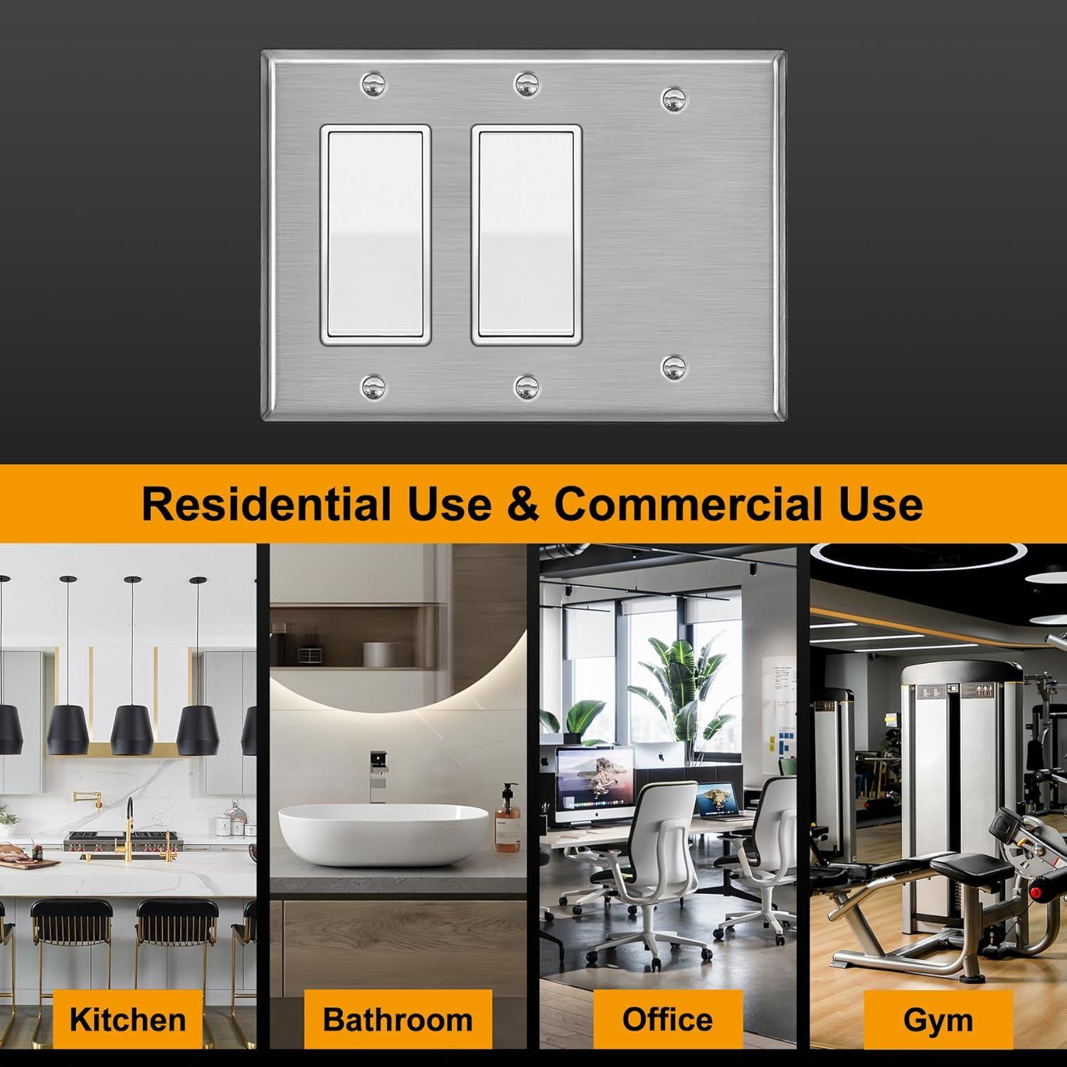 image2 Pack BESTTEN 3Gang Combination Metal Wall Plate with hite or Clear Plastic Film 2Decorator1Blank CorrosionResistant Stainless Steel Outlet and Switch Cover Brushed Finish