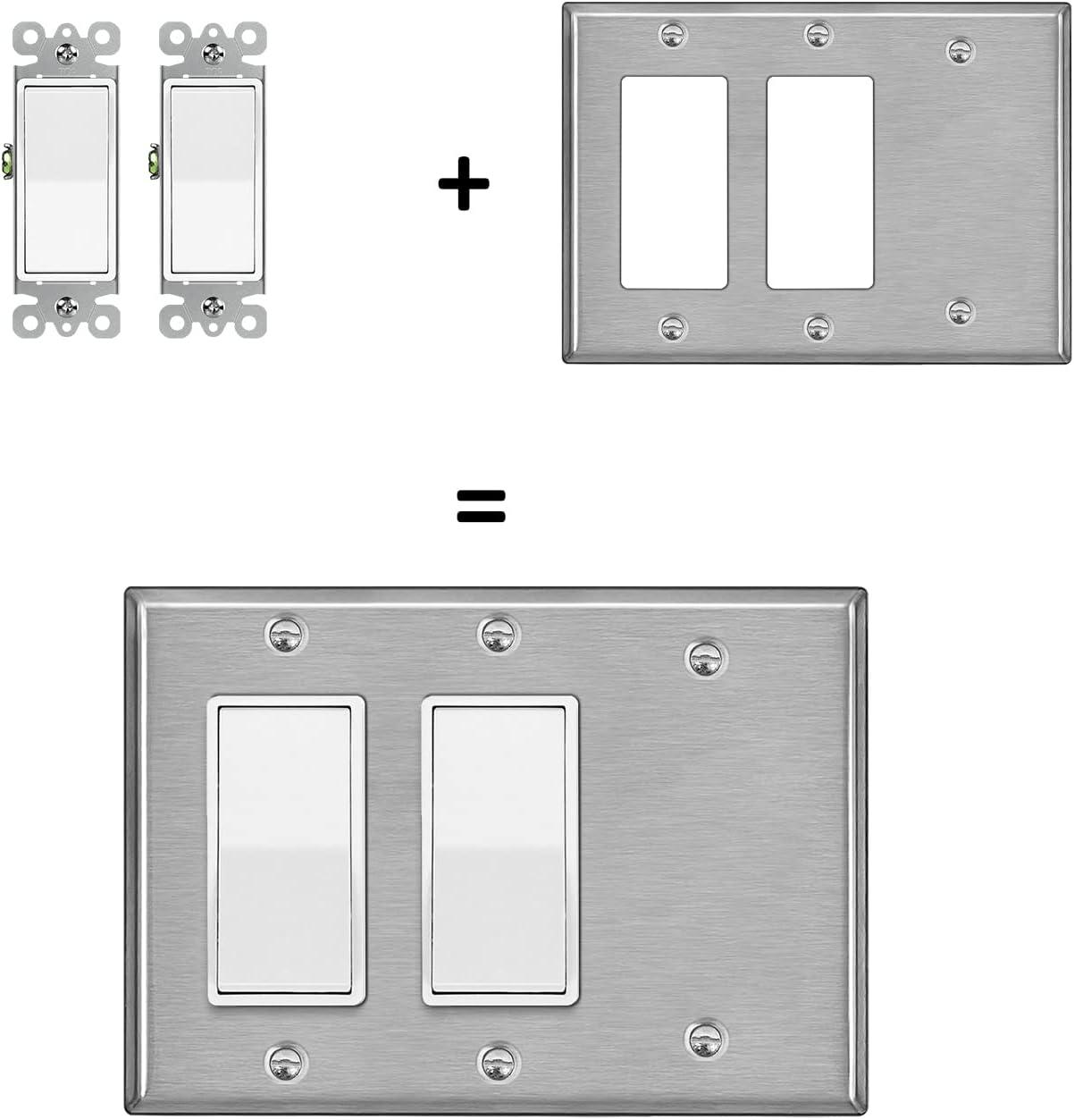 image2 Pack BESTTEN 3Gang Combination Metal Wall Plate with hite or Clear Plastic Film 2Decorator1Blank CorrosionResistant Stainless Steel Outlet and Switch Cover Brushed Finish