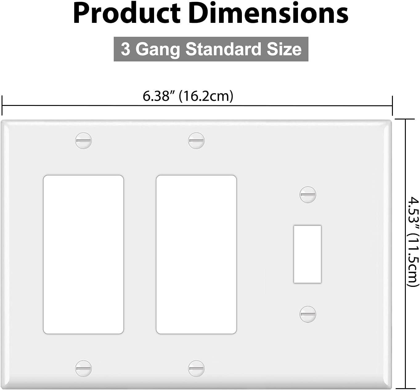 image2 Pack BESTTEN 3Gang Combination Wall Plate 2Decor 1Toggle Standard Size Unbreakable Polycarbonate Outlet and Switch Cover White