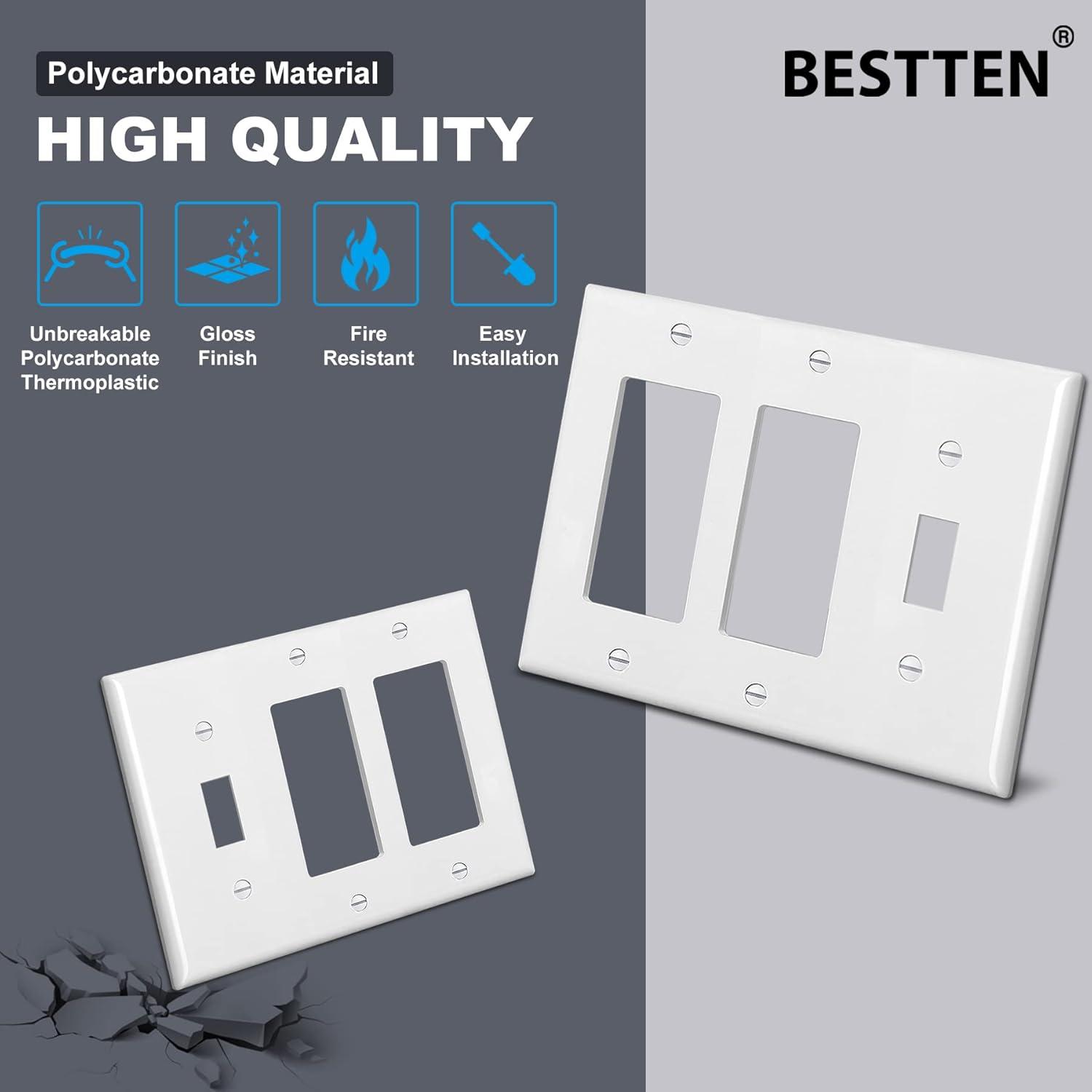 image2 Pack BESTTEN 3Gang Combination Wall Plate 2Decor 1Toggle Standard Size Unbreakable Polycarbonate Outlet and Switch Cover White