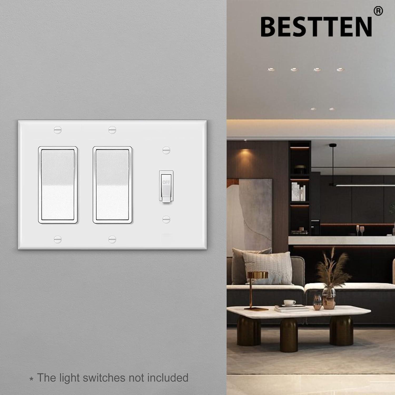 image2 Pack BESTTEN 3Gang Combination Wall Plate 2Decor 1Toggle Standard Size Unbreakable Polycarbonate Outlet and Switch Cover White